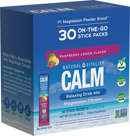 Natural Vitality CALM Magnesium Citrate Drink Mix – Raspberry Lemon, 30 Packets