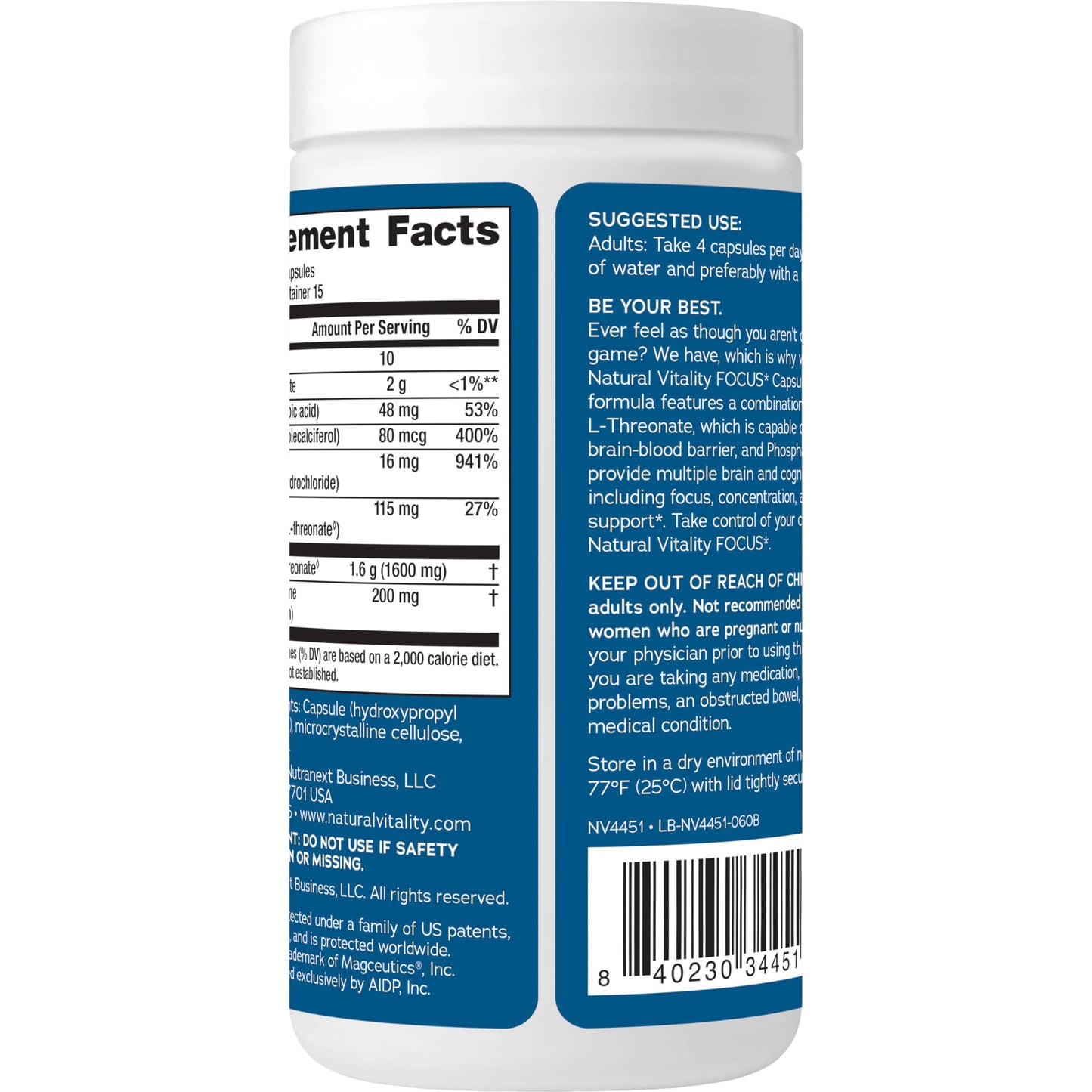 Natural Vitality Focus: Magnesium L-Threonate & Phosphatidylserine Nootropic (60 Capsules) | Gluten Free & Vegetarian
