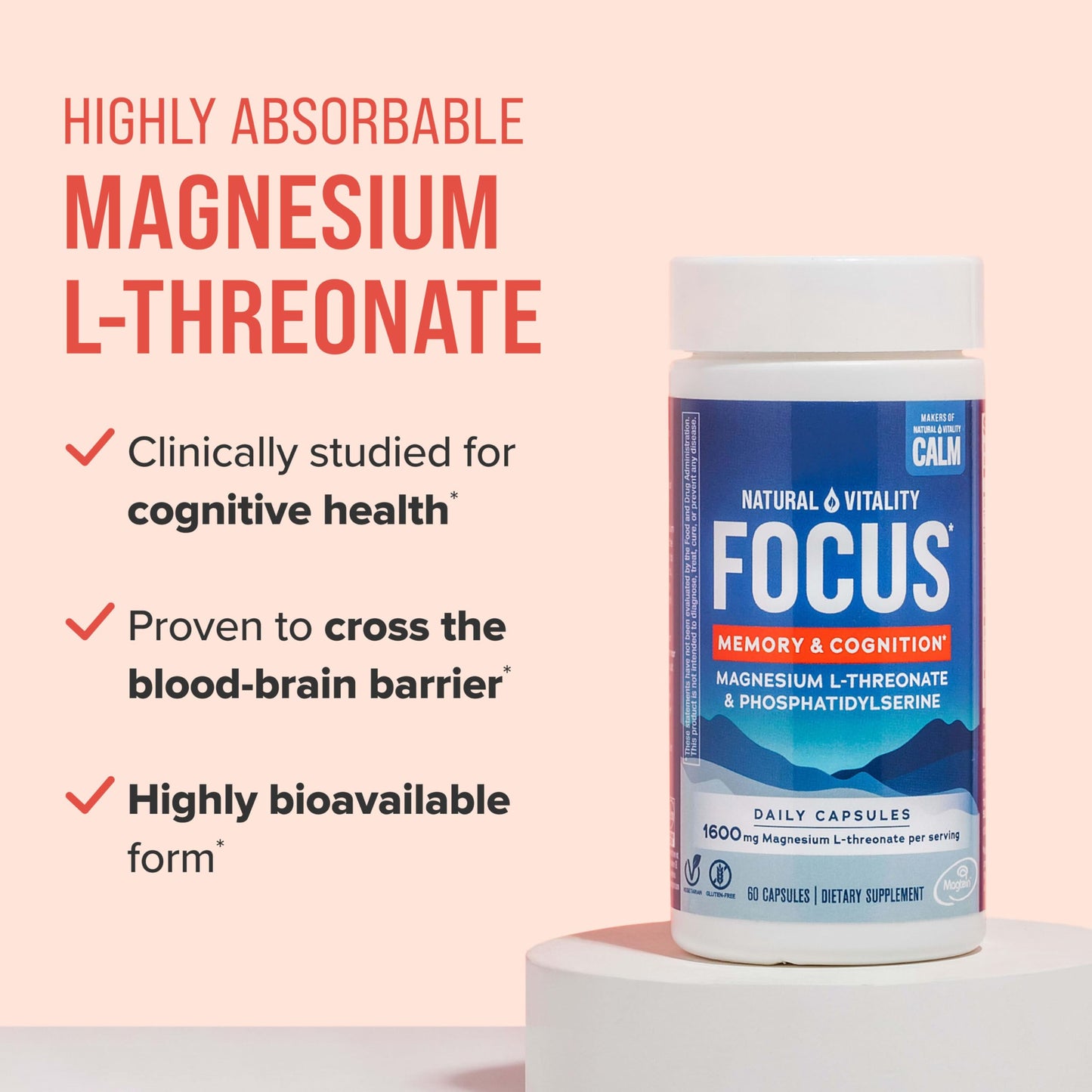 Natural Vitality Focus: Magnesium L-Threonate & Phosphatidylserine Nootropic (60 Capsules) | Gluten Free & Vegetarian