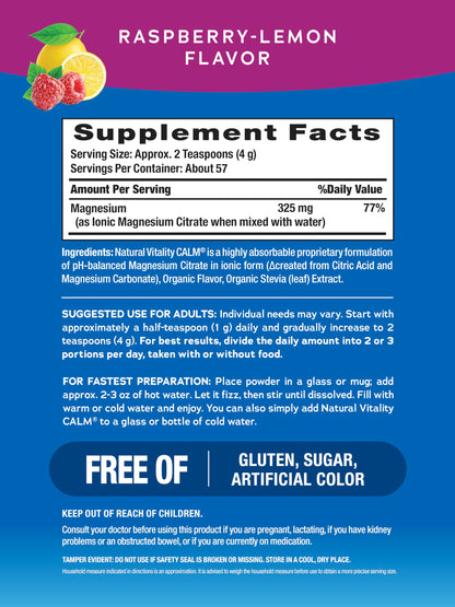 NATURAL VITALITY Raspberry Lemon Calm Magnesium Drink Mix, 8 OZ