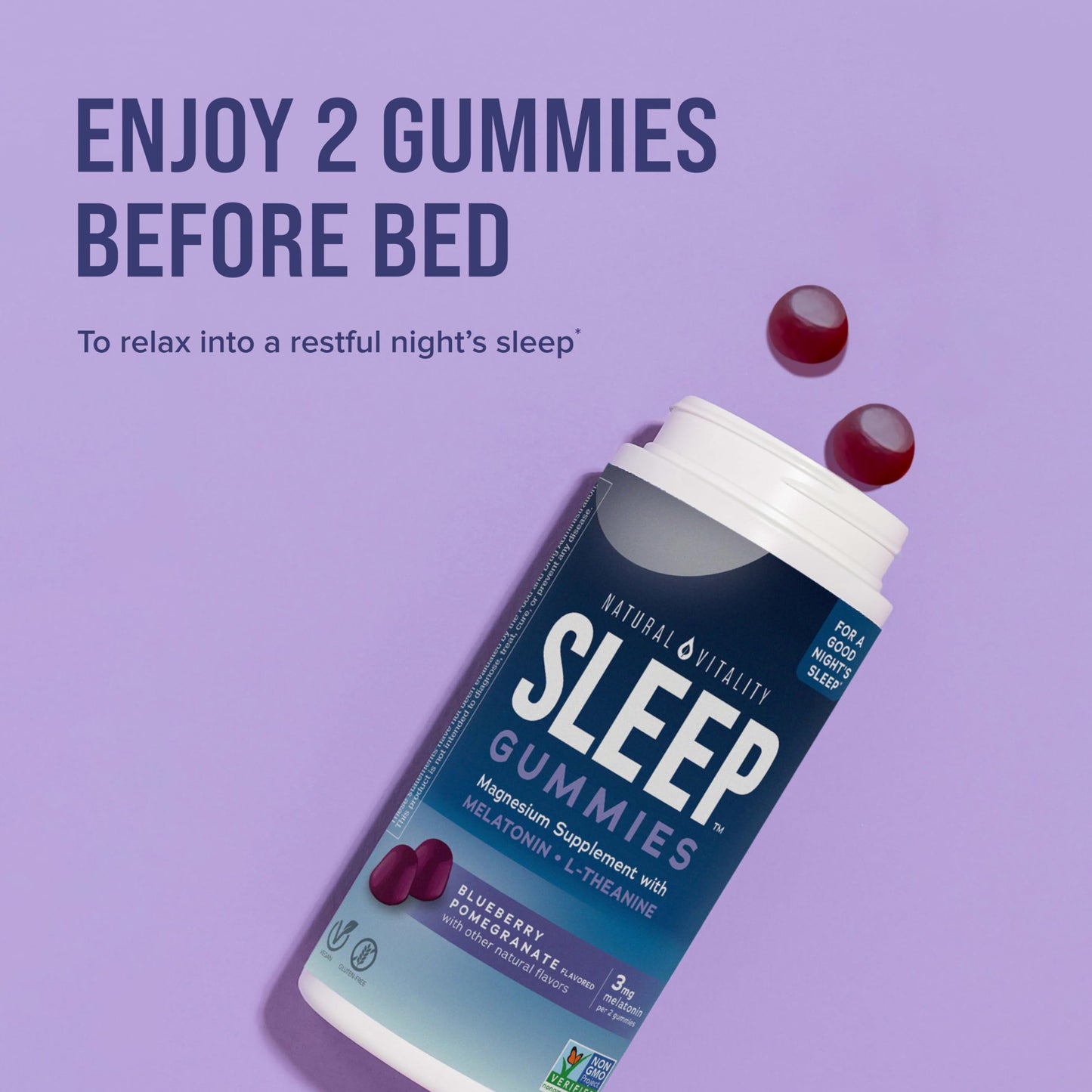Natural Vitality SLEEP Gummies – Magnesium with Melatonin & L-Theanine (Vegan, Gluten Free) Blueberry Pomegranate 120 Count