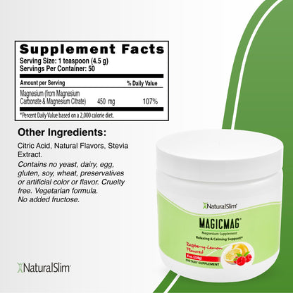 NaturalSlim MagicMag Pure Magnesium Citrate Powder – Raspberry Lemon Drink Mix, 8 oz (2 Pack)