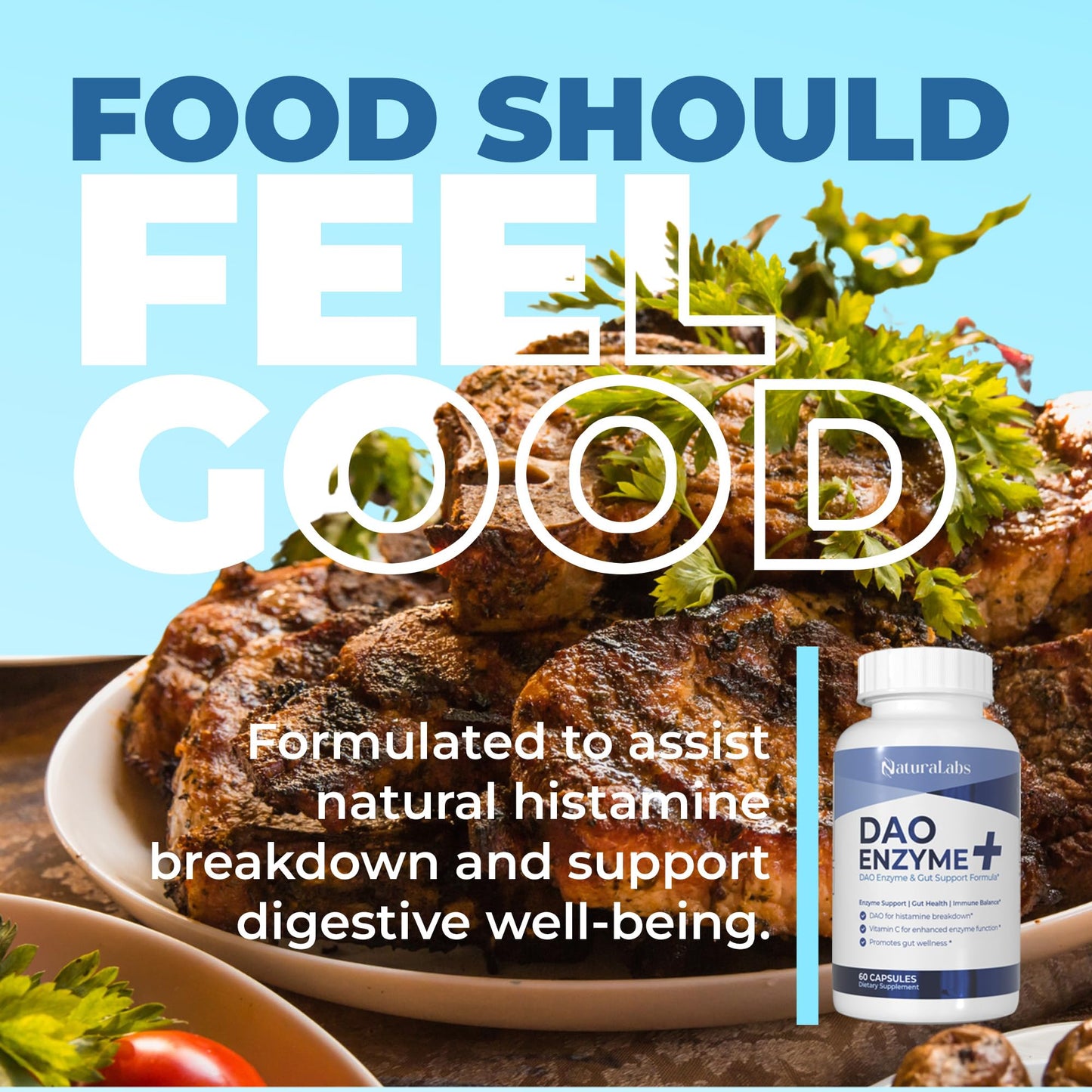 NATURALABS DAO Histamine Blocker – Diamine Oxidase (DAO) + Vitamin C for Gut Health | 60 Servings