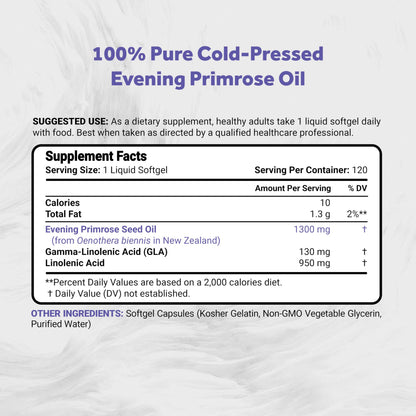Naturalis Evening Primrose Oil 1300mg | 120 Softgels | New Zealand, Non-GMO, Gluten & Soy Free