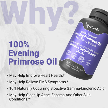 Naturalis Evening Primrose Oil 1300mg | 120 Softgels | New Zealand, Non-GMO, Gluten & Soy Free
