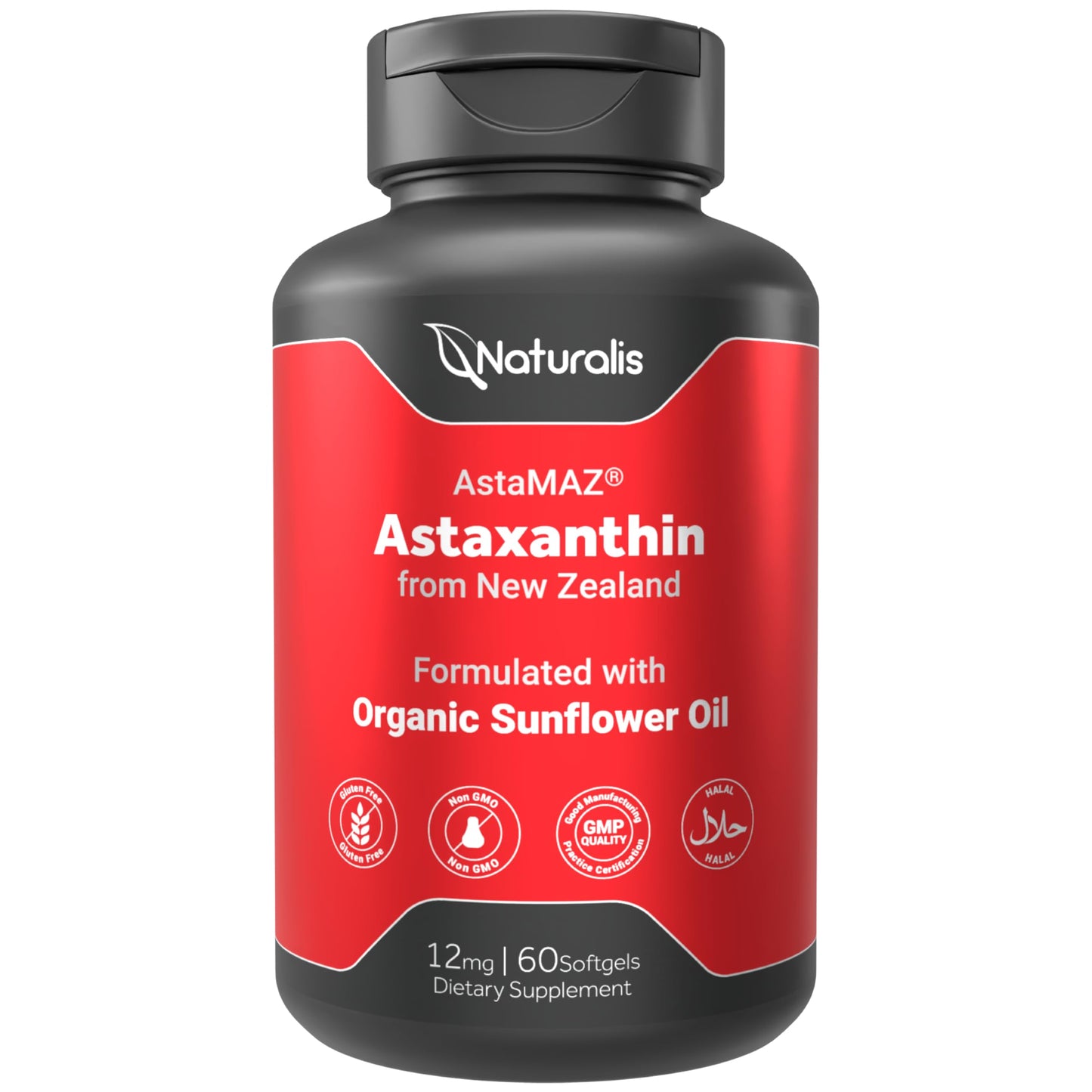 Naturalis New Zealand Astaxanthin (12mg) | Enhanced with Natural Vitamin E | Non-GMO, Soy & Gluten Free | 60 Softgels (2 Month Supply)