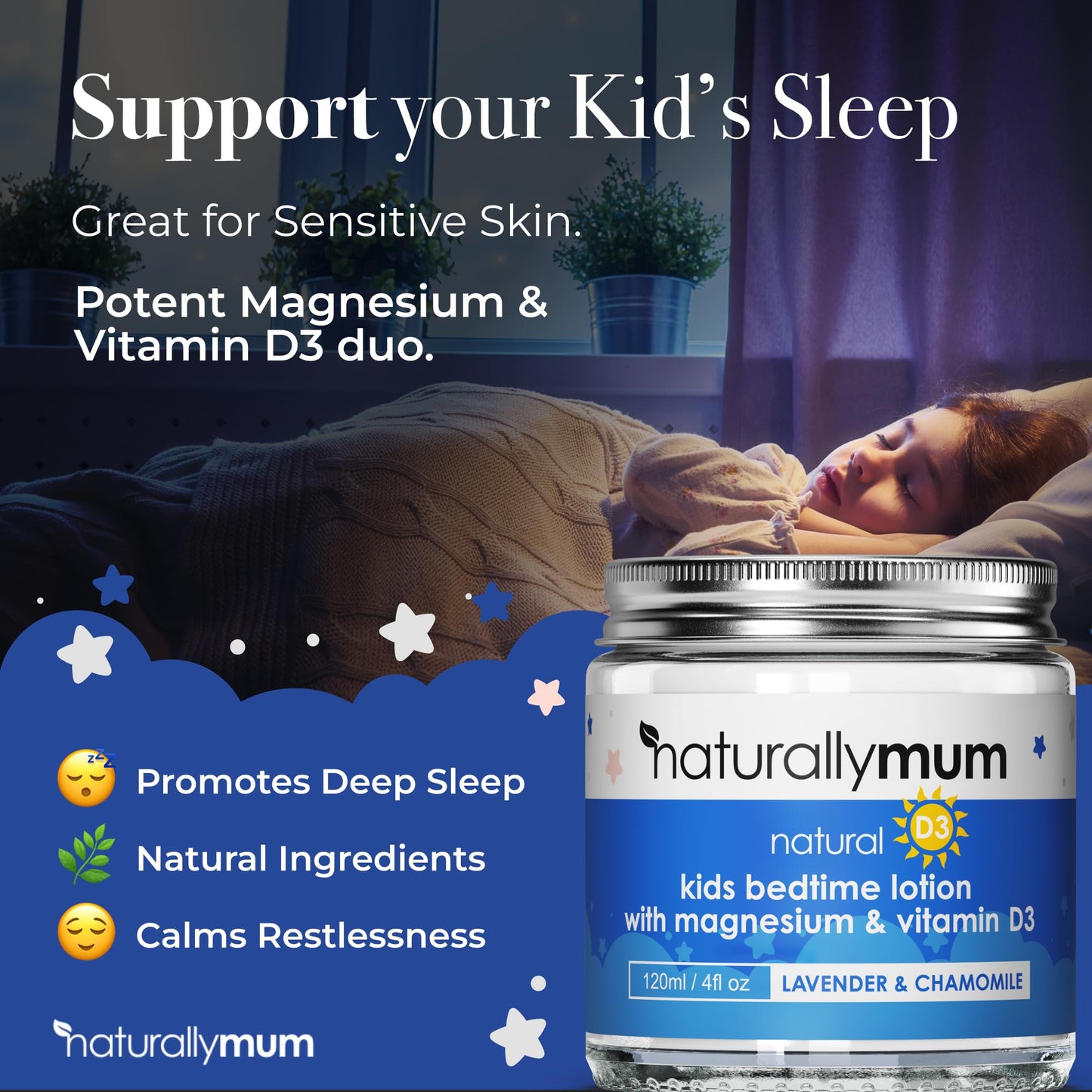 NaturallyMum Kids Magnesium Bedtime Lotion with Vitamin D - Sleep Support (Lavender & Chamomile) 4.2 oz
