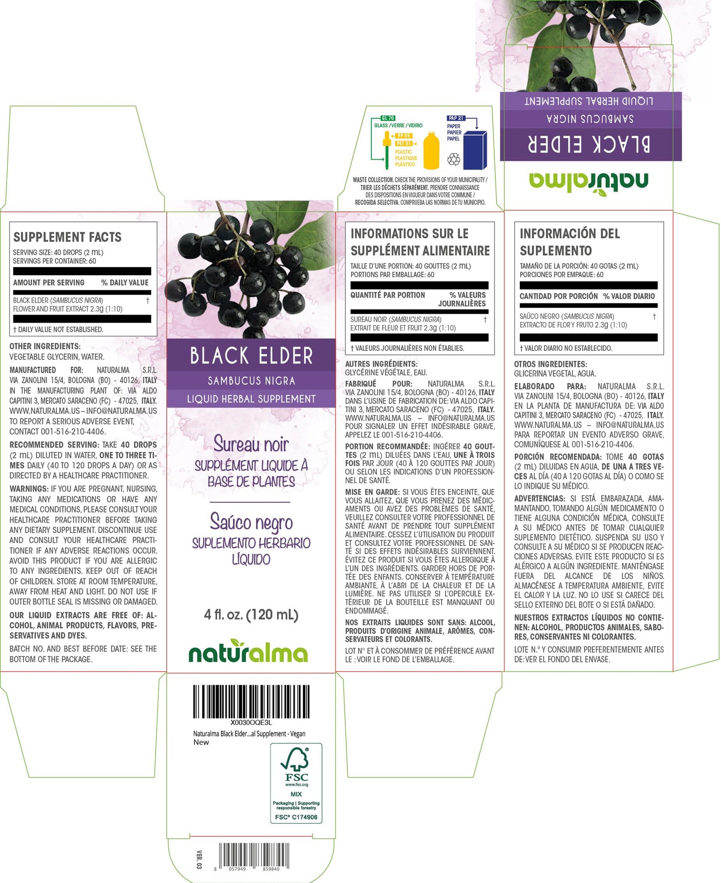 Naturalma Black Elder Tincture – Elderflower and Elderberry, Alcohol-Free, Vegan, 4 oz
