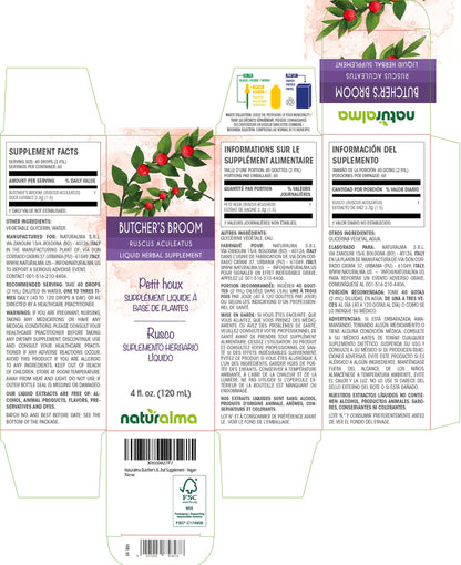 Naturalma Butcher's Broom Root Tincture - Alcohol-Free Drops, 4 oz | Vegan, Made in Italy