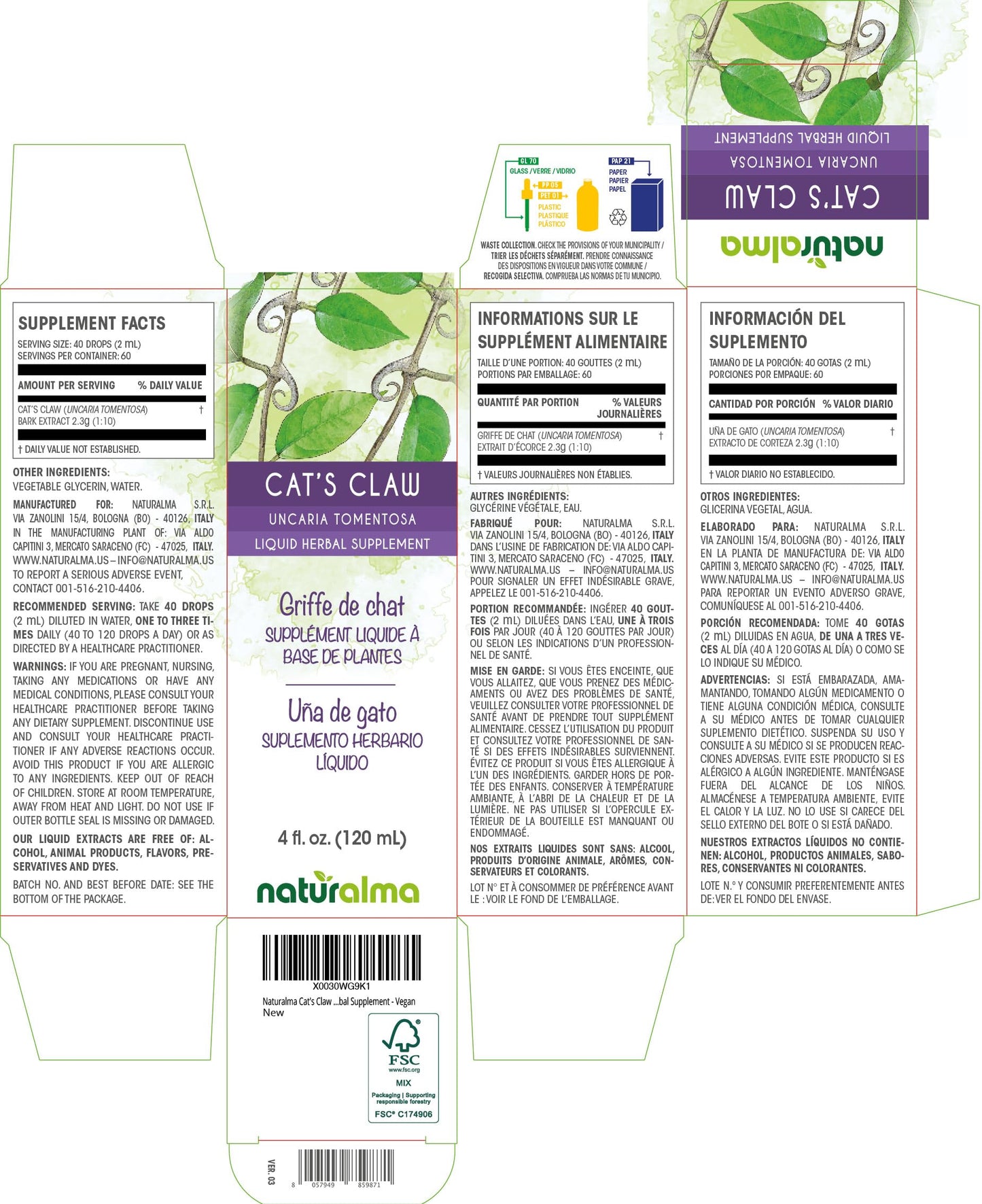 Naturalma Cat's Claw Bark Tincture - 4 fl oz, Alcohol-Free Drops | Vegan
