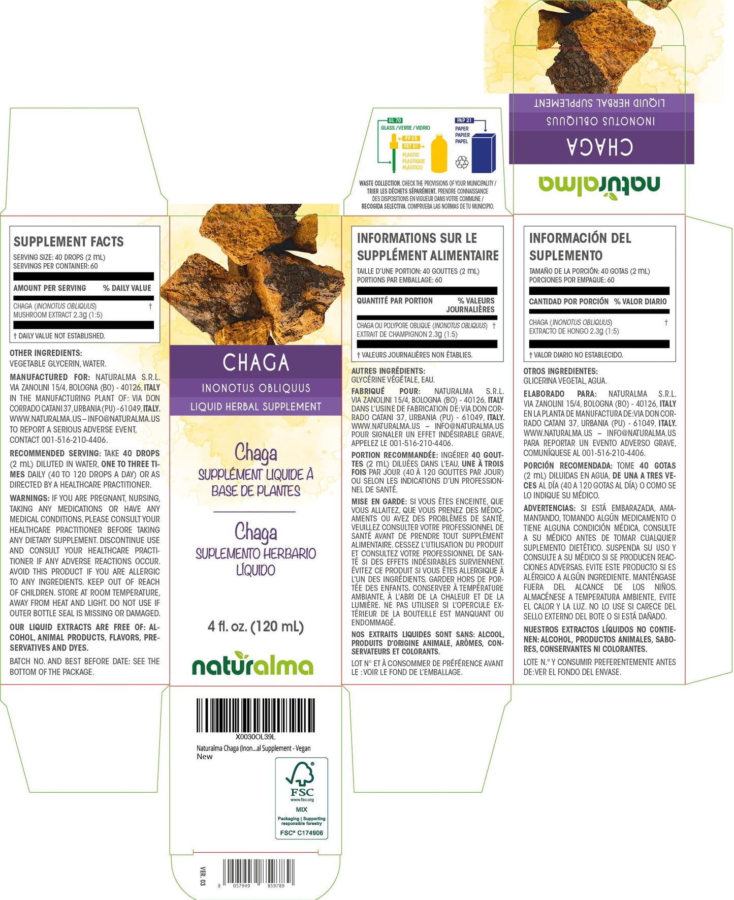 Naturalma Chaga Alcohol-Free Tincture – 4 fl oz Drops | Vegan