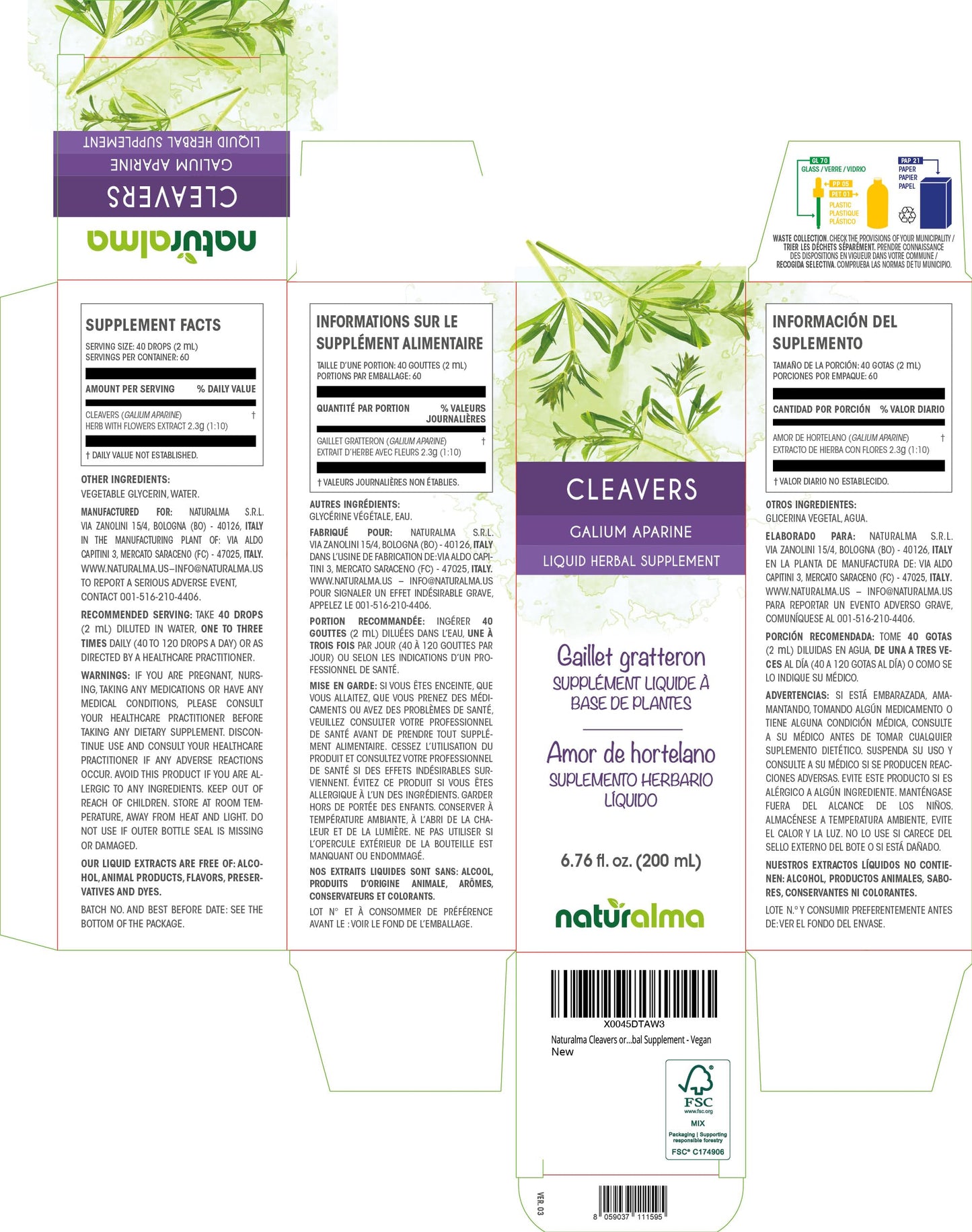 Naturalma Cleavers (Galium aparine) Alcohol-Free Tincture – 6.76 fl oz, Vegan