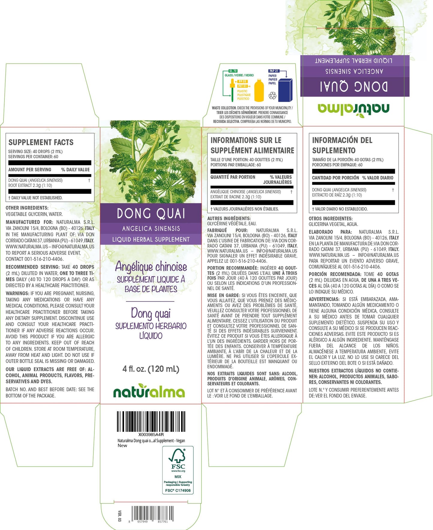 Naturalma Dong Quai Alcohol-Free Tincture (Angelica sinensis) 4 fl oz | Vegan Herbal Supplement