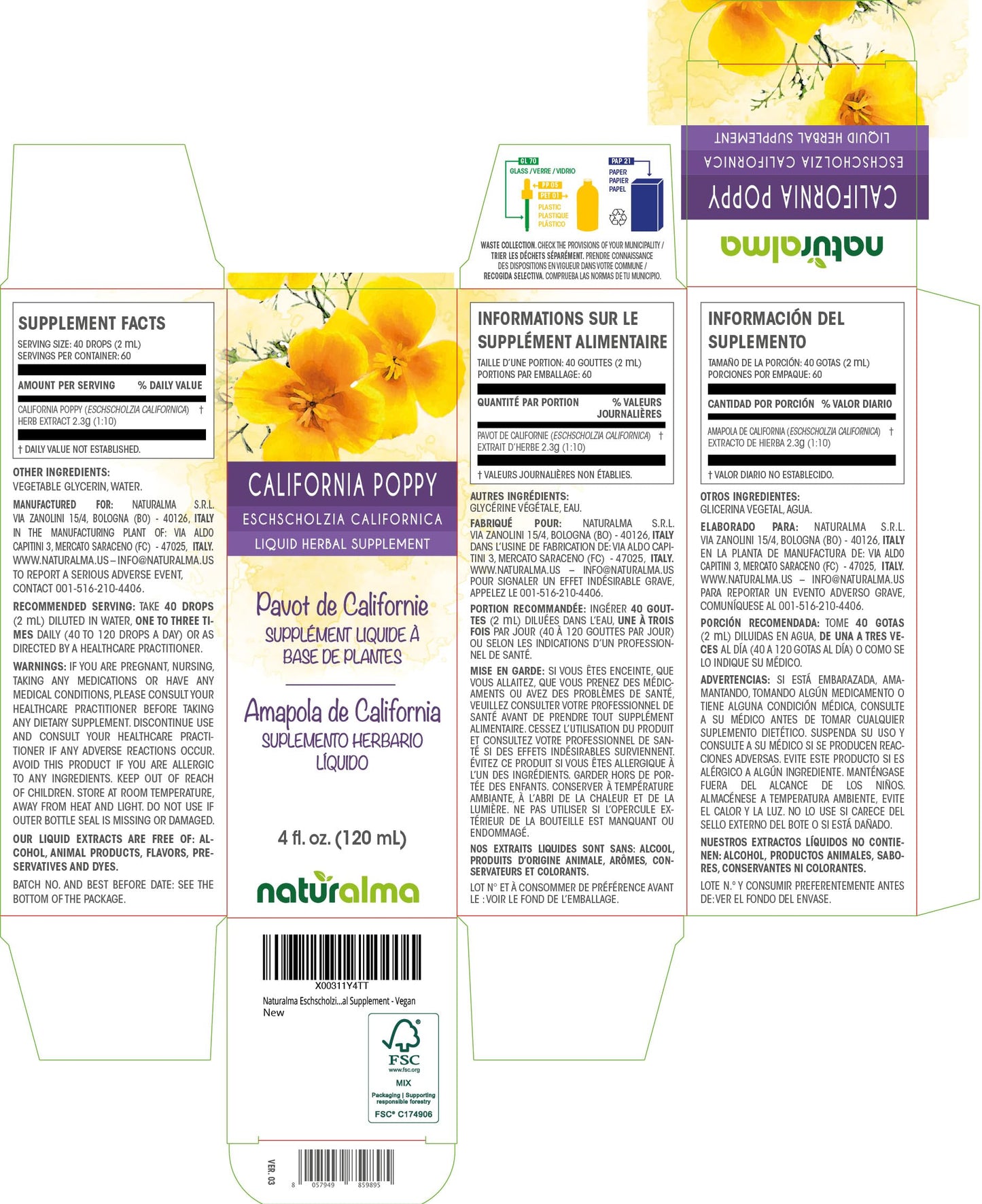 Naturalma Eschscholzia Alcohol-Free Tincture – 4 fl oz Drops | Vegan