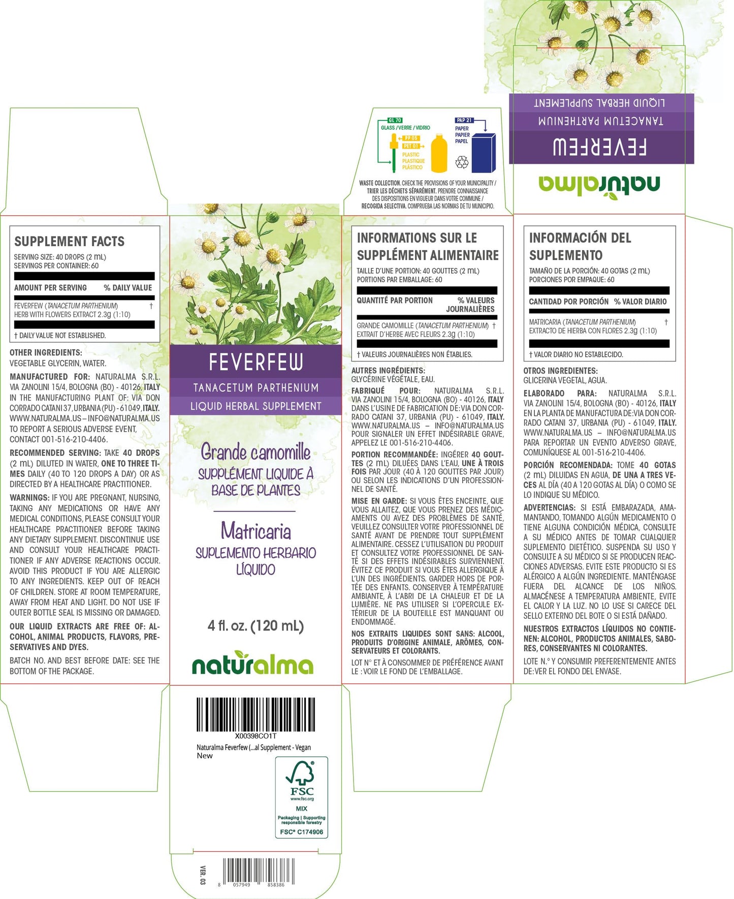 Naturalma Feverfew Herbal Tincture (Tanacetum parthenium) - Alcohol-Free Drops, 4 fl oz | Vegan