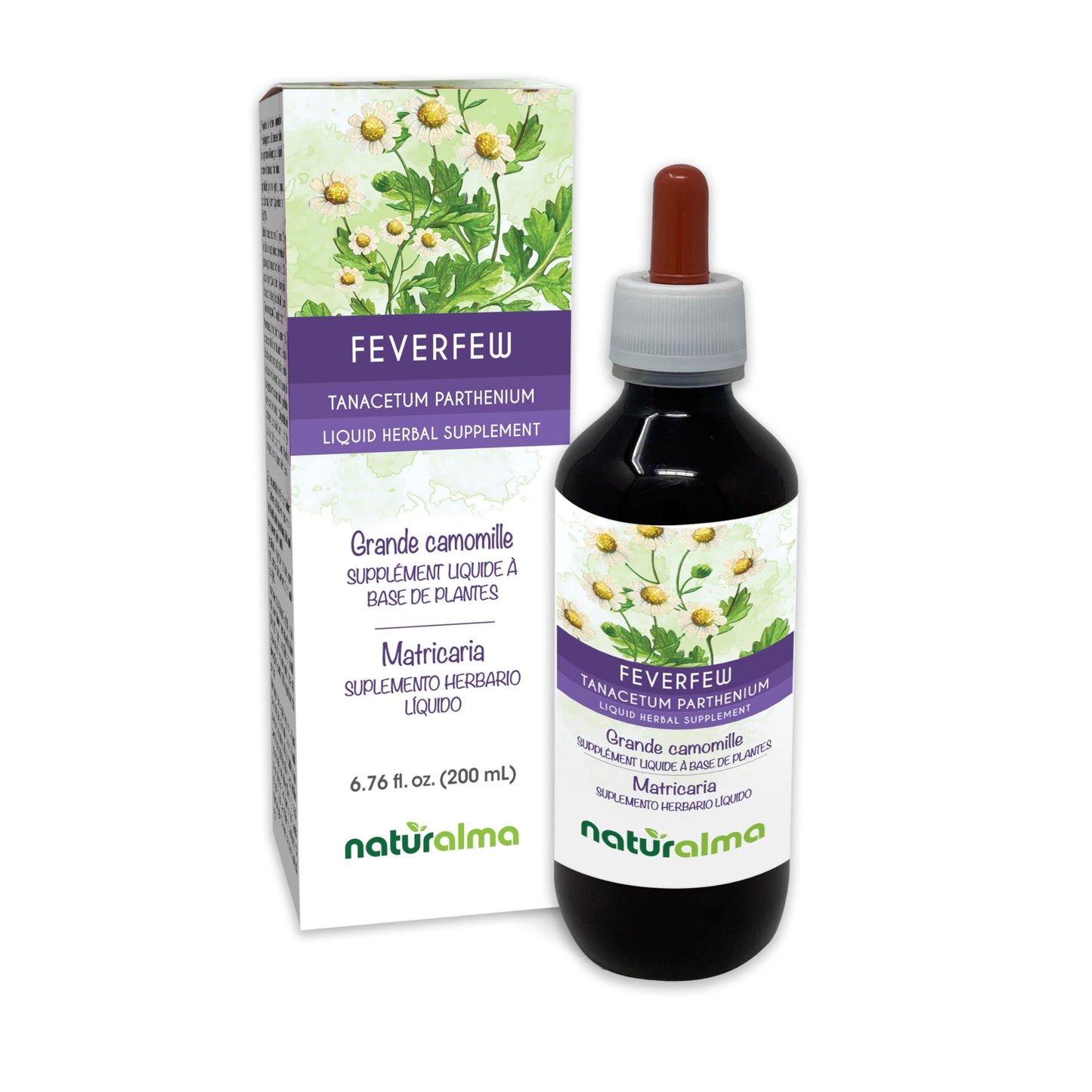 Naturalma Feverfew (Tanacetum parthenium) herb with Flowers Alcohol-Free Tincture - 6.76 fl oz Liquid Extract in Drops - Herbal Supplement - Vegan