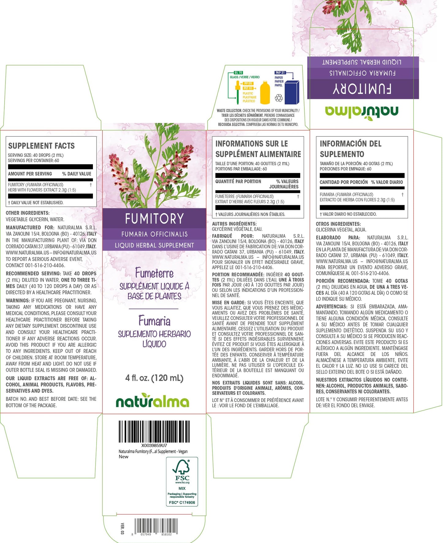 Naturalma Fumitory (Fumaria officinalis) Alcohol-Free Tincture - 4 fl oz Drops - Vegan Herbal Supplement