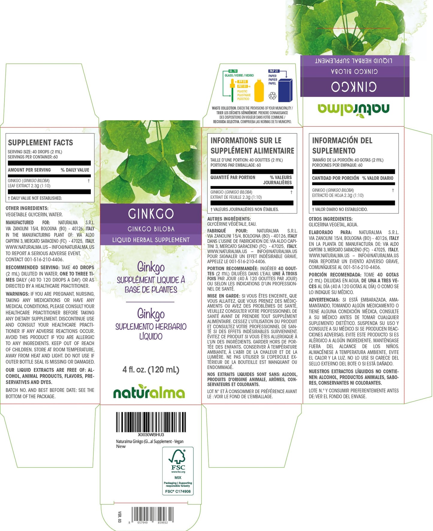 Naturalma Ginkgo Biloba Tincture (Alcohol-Free) 4 fl oz Drops – Vegan Herbal Supplement