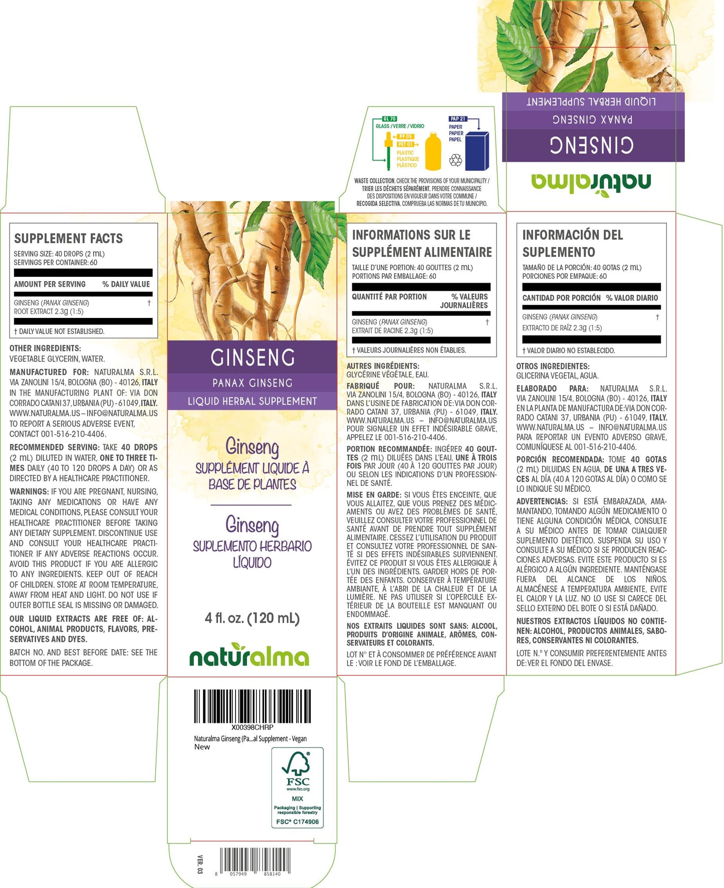 Naturalma Ginseng Root Tincture Alcohol-Free 4 oz Vegan