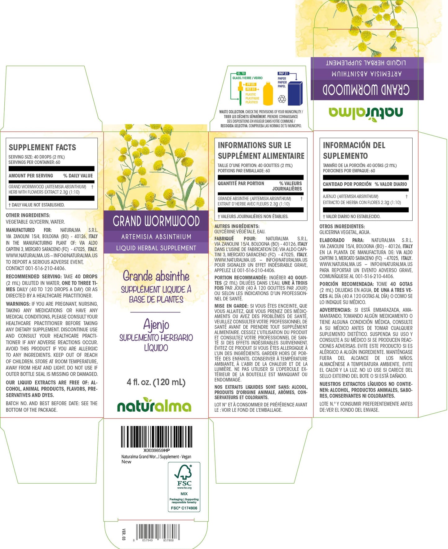 Naturalma Grand Wormwood (Artemisia absinthium) Herbal Tincture – Alcohol-Free, 4 fl oz, Vegan