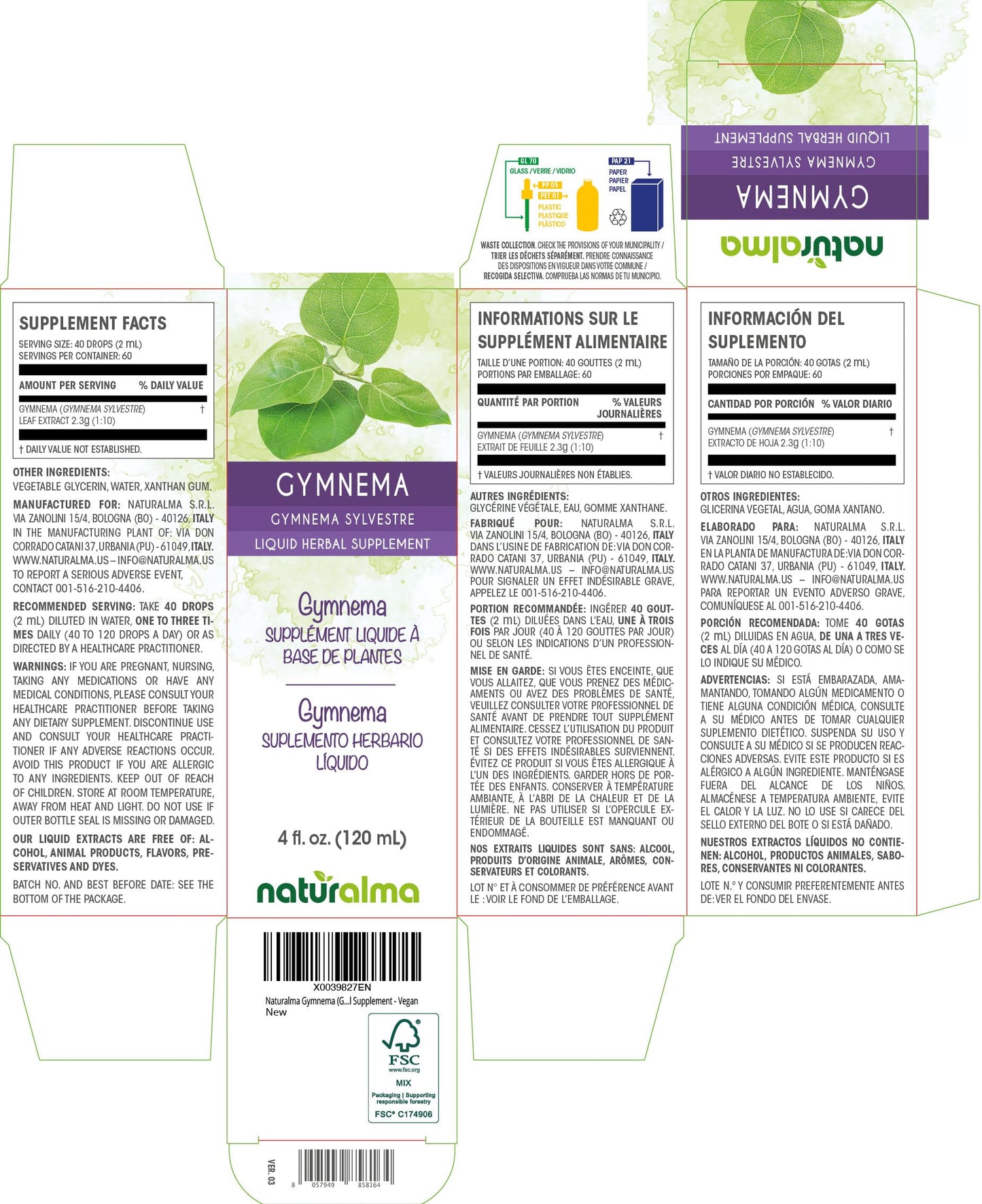 Naturalma Gymnema Leaf Tincture 4 oz | Alcohol-Free Vegan Extract