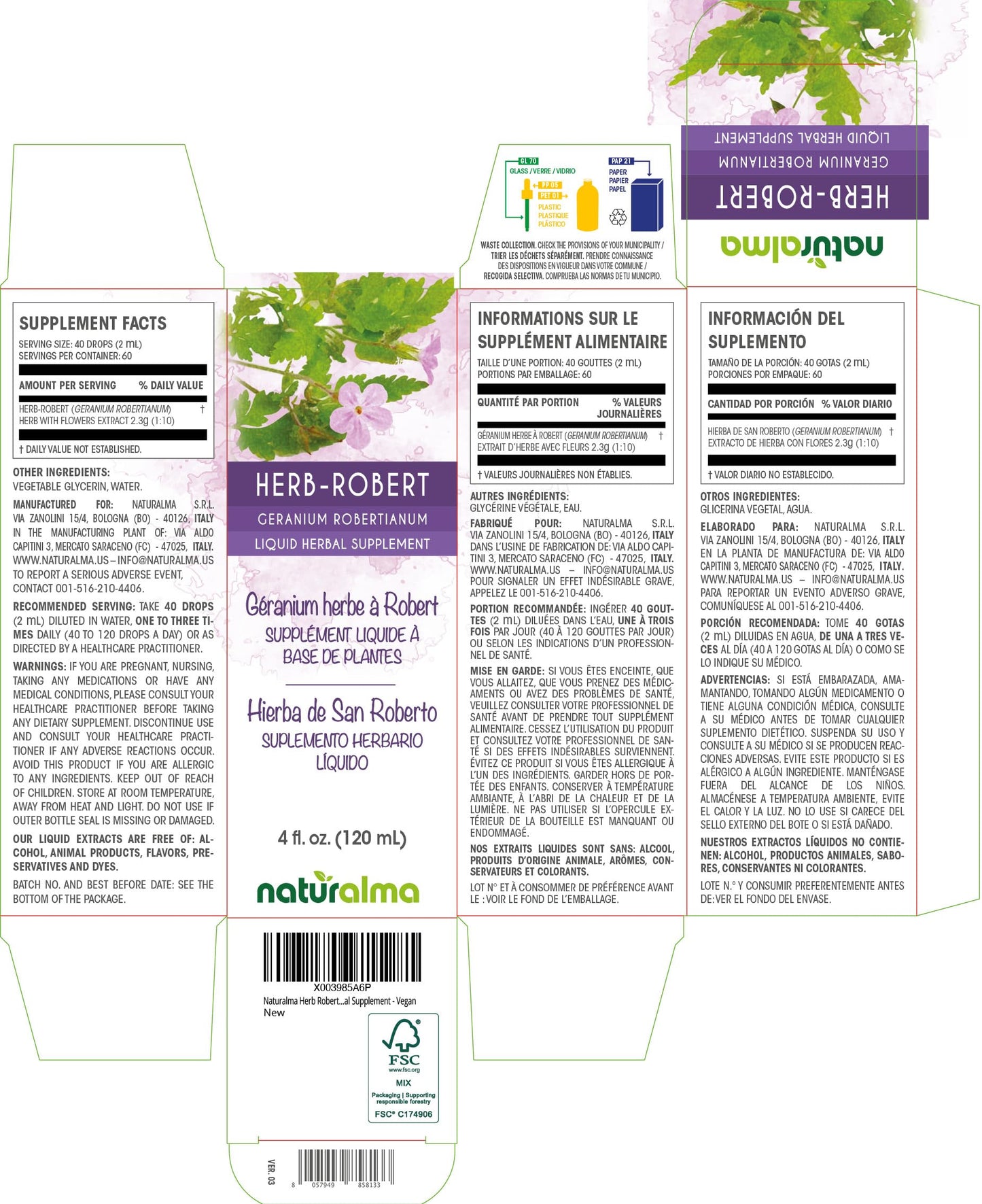 Naturalma Herb Robert Tincture 4 fl oz – Alcohol-Free, Vegan Drops