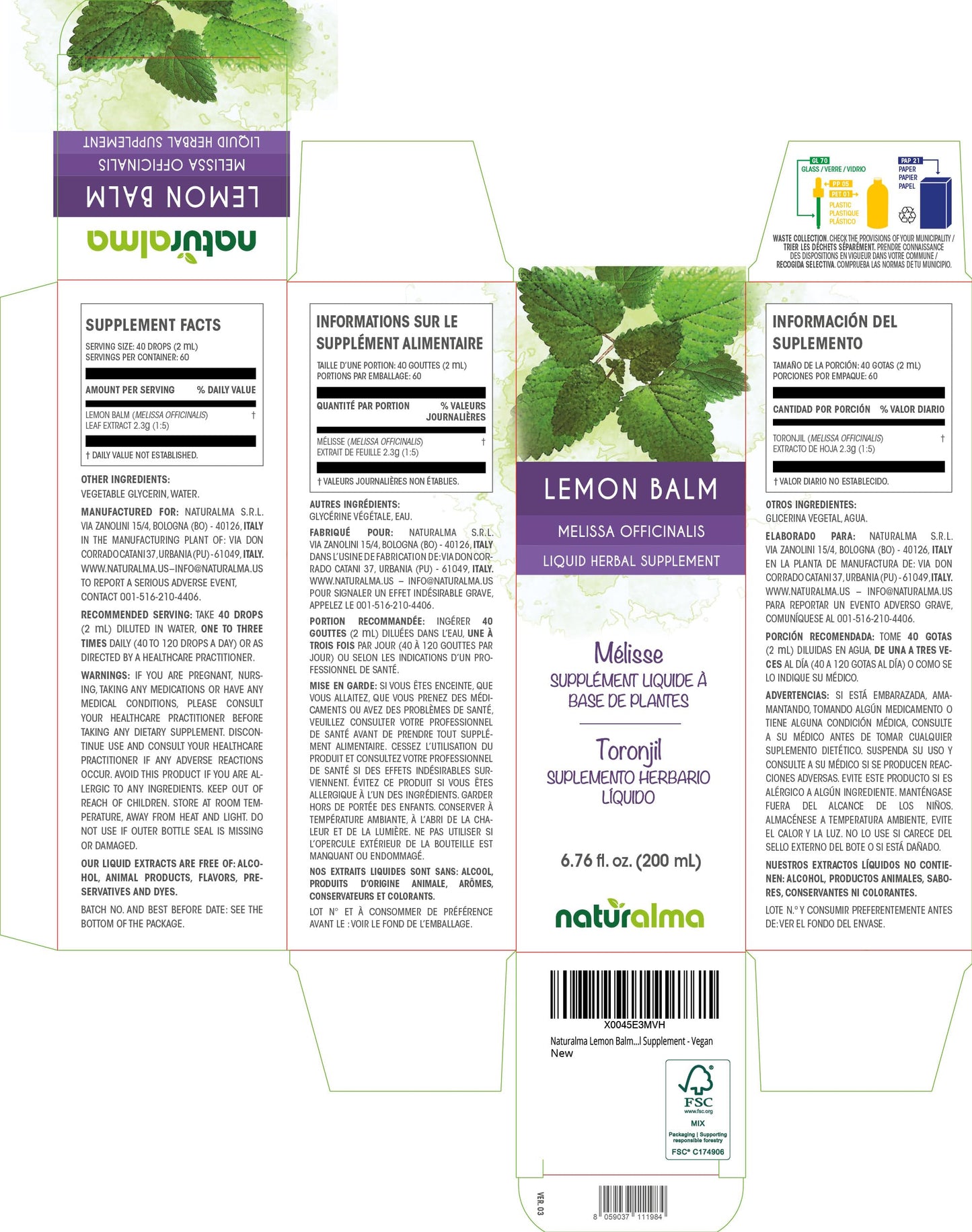 Naturalma Lemon Balm Leaf Tincture – Alcohol-Free 6.76 fl oz (Drops) – Vegan