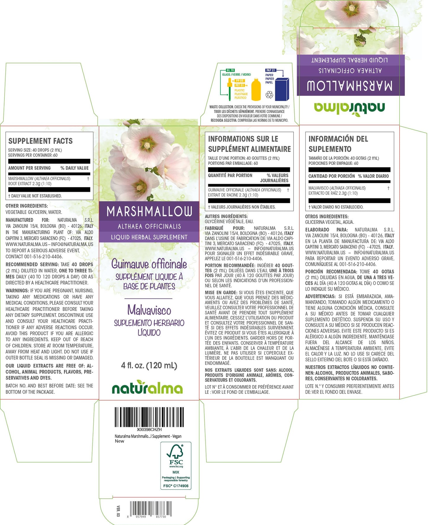 Naturalma Marshmallow Root Tincture (Alcohol-Free) – 4 fl oz Drops – Vegan Herbal Supplement