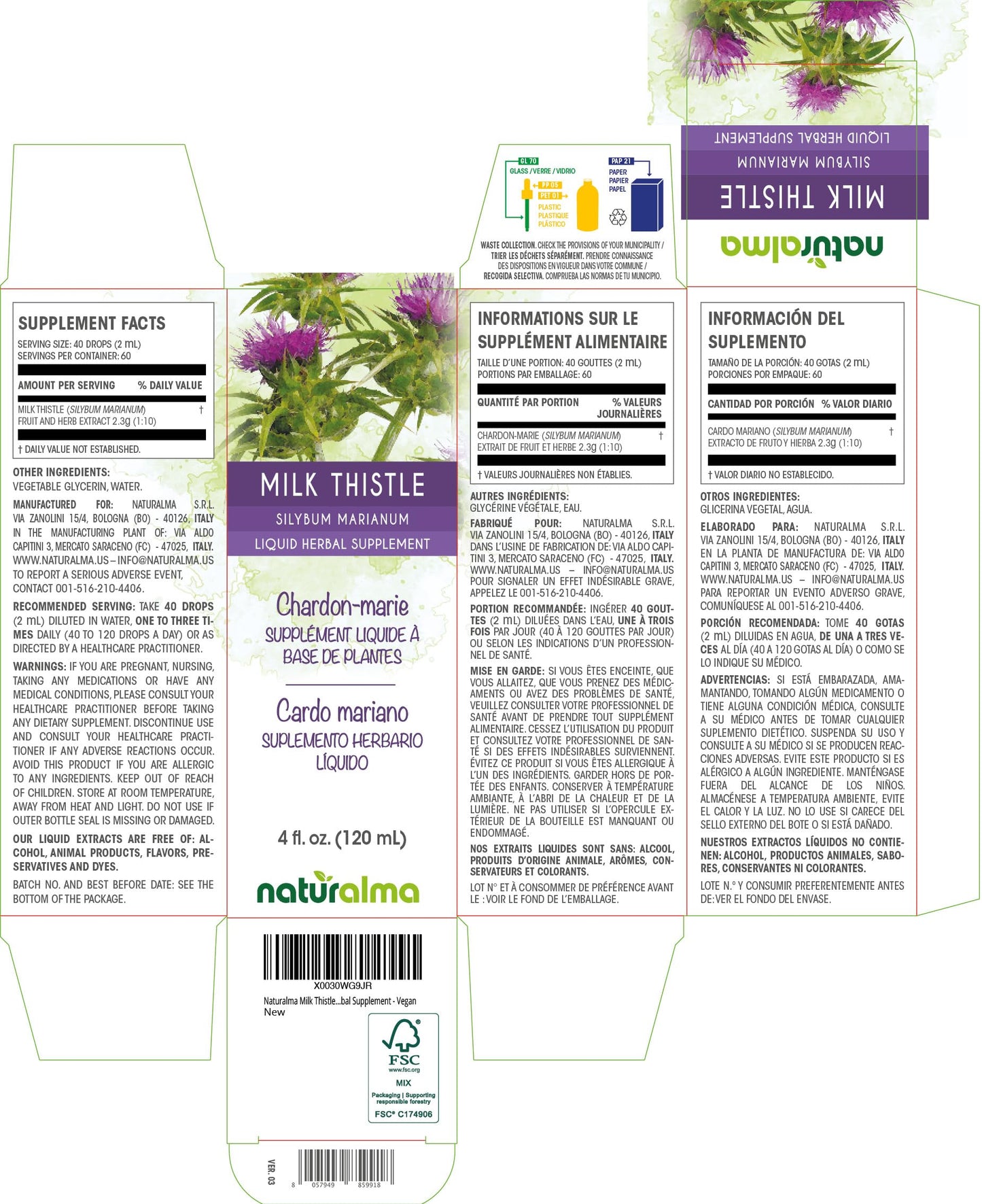 Naturalma Milk Thistle Tincture 4 oz — Alcohol-Free Liquid Extract, Vegan, Made in Italy