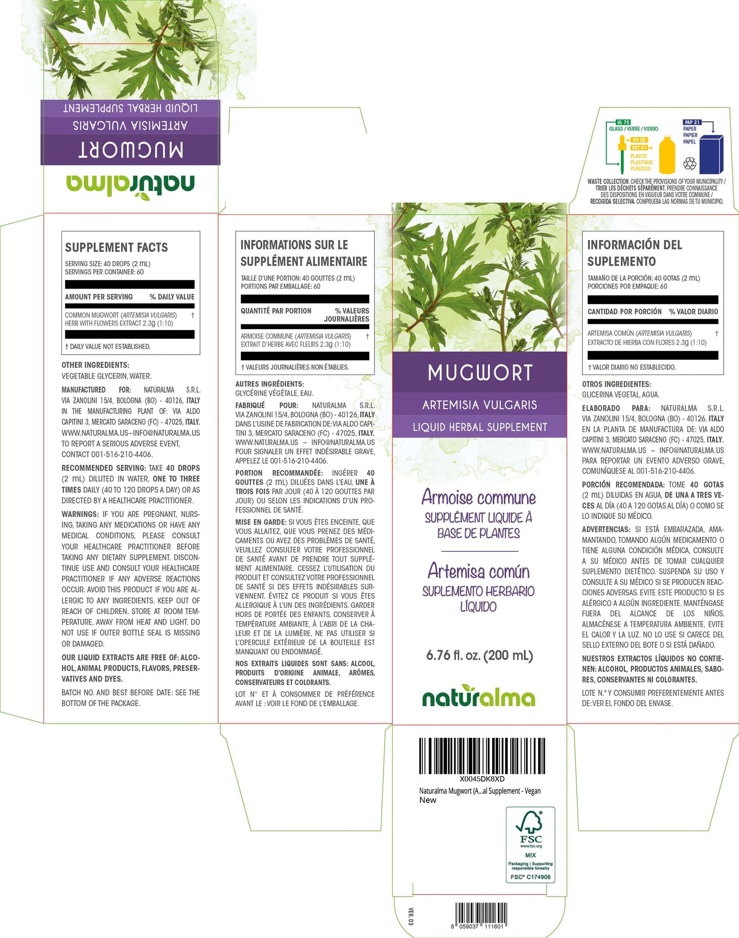 Naturalma Mugwort Tincture 1:10 | Alcohol-Free Drops, 6.76 fl oz – Vegan Herbal Supplement