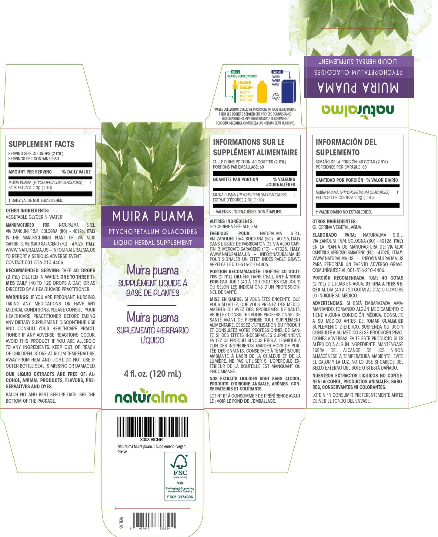 Naturalma Muira Puama Bark Tincture (Alcohol-Free) - 4 fl oz Drops | Vegan Herbal Supplement