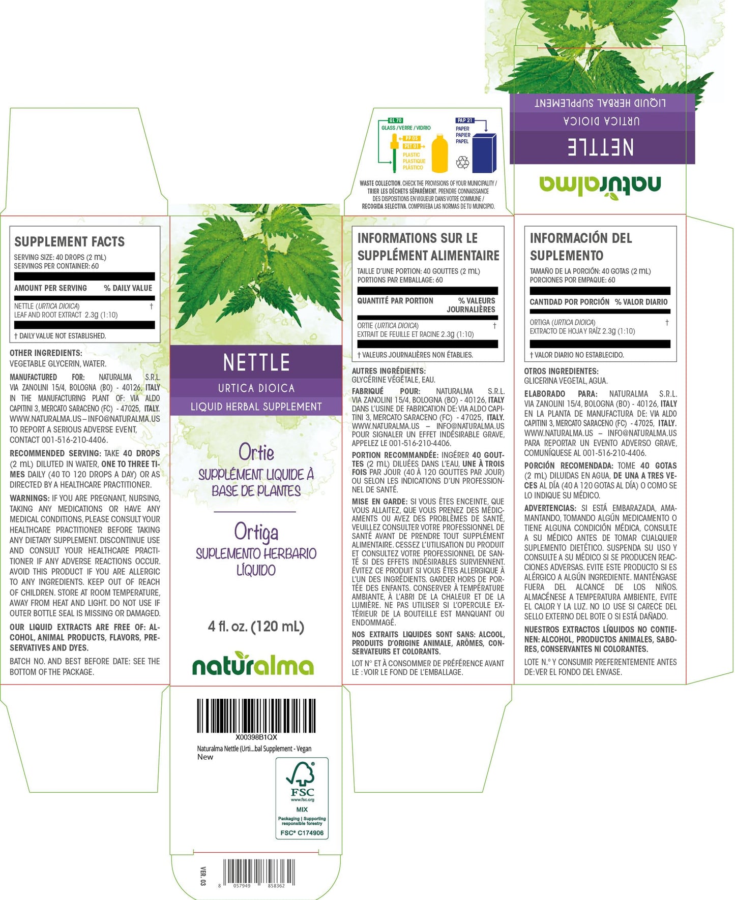 Naturalma Nettle Leaf and Root Alcohol-Free Tincture - 4 fl oz Drops | Vegan