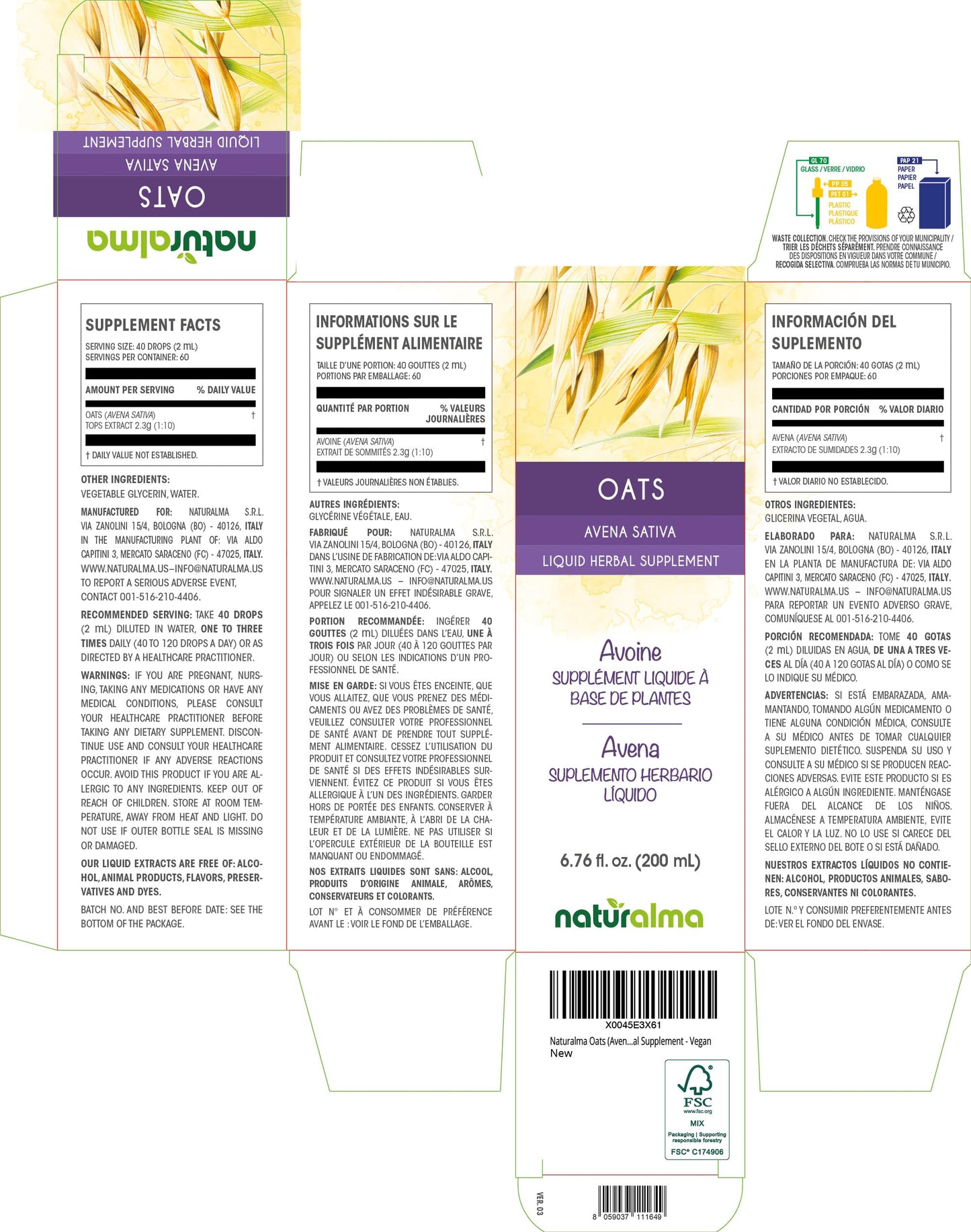 Naturalma Oats Tops Tincture (Avena Sativa) – Alcohol-Free Drops 6.76 fl oz | Vegan, Made in Italy