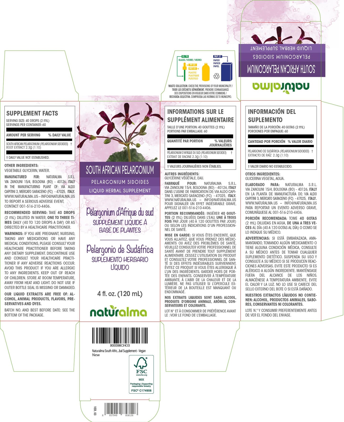 Naturalma Pelargonium Sidoides Root Tincture – Alcohol-Free Drops, 4 fl oz, Vegan