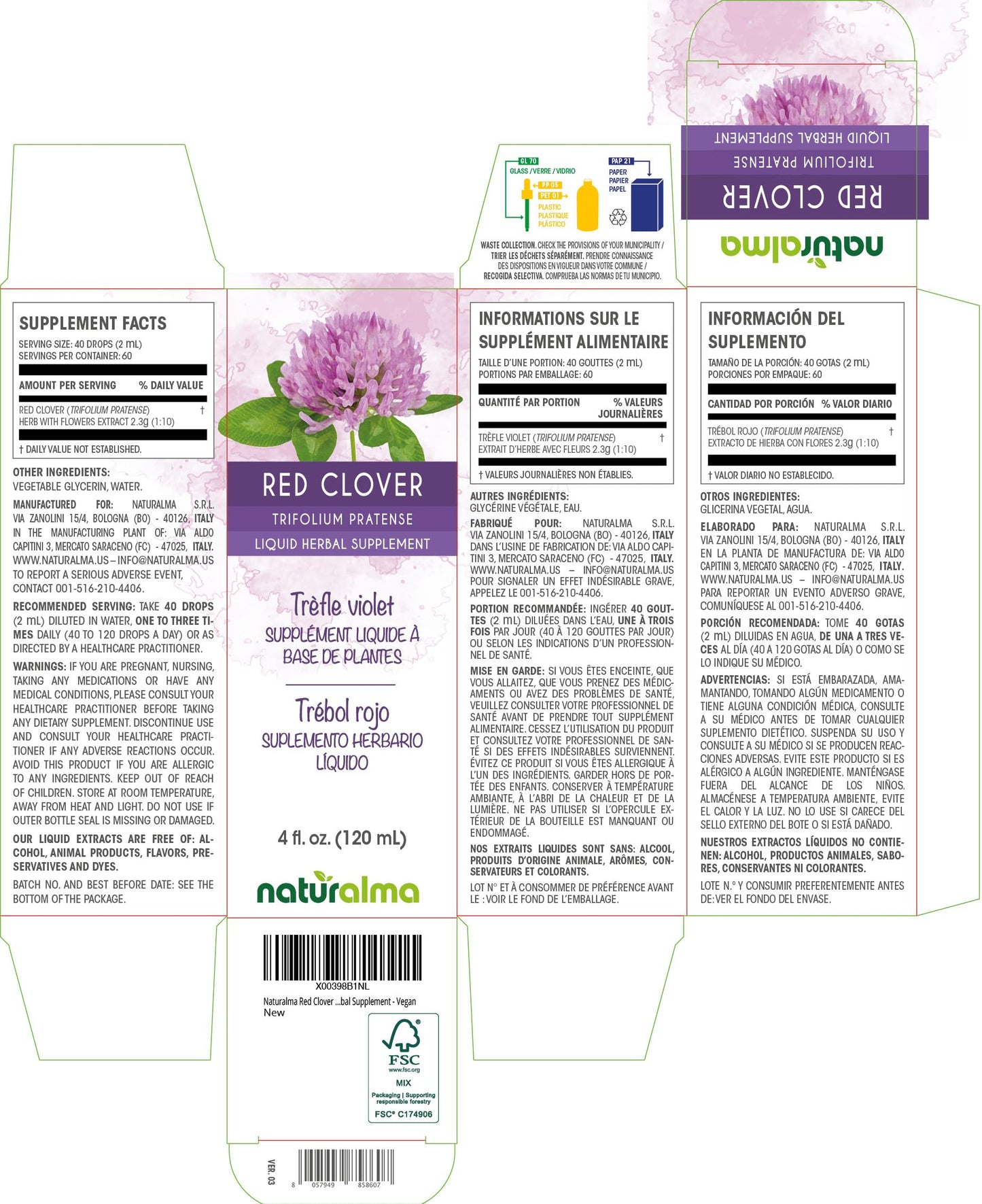 Naturalma Red Clover Tincture - Alcohol-Free, 4 fl oz Drops, Vegan