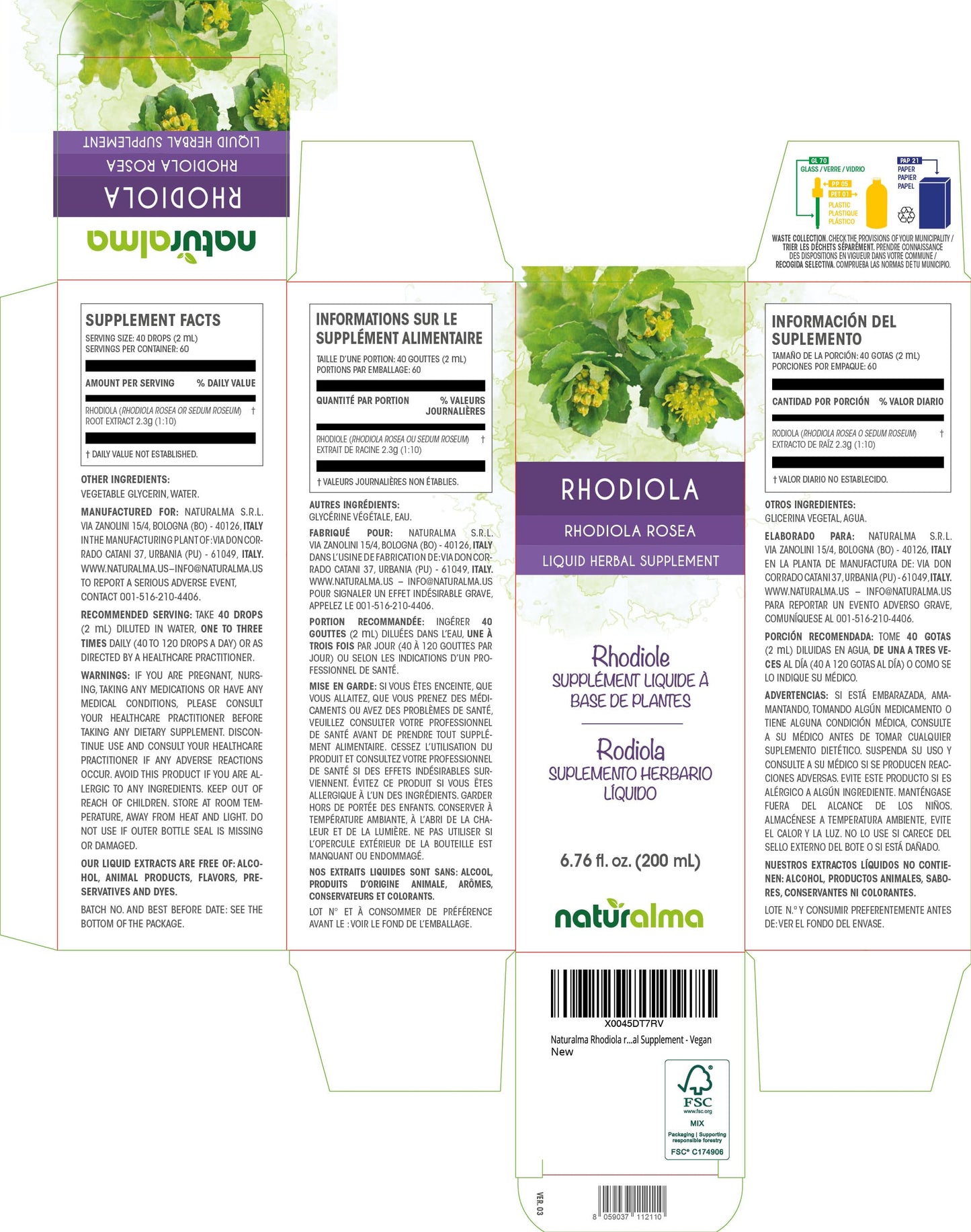 Naturalma Rhodiola Rosea Root Tincture – Alcohol-Free, 6.76 fl oz, Vegan