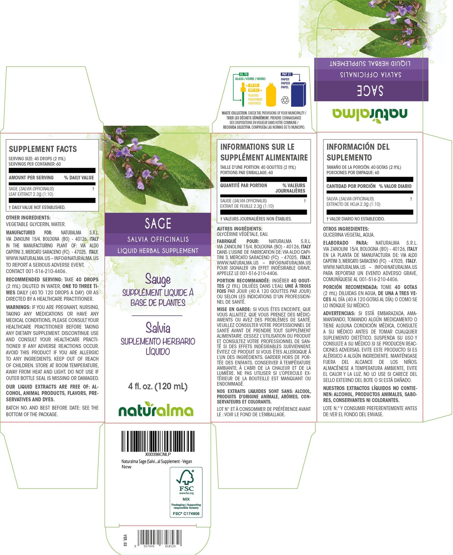 Naturalma Sage Leaf Tincture (Salvia officinalis) - Alcohol-Free 4 fl oz