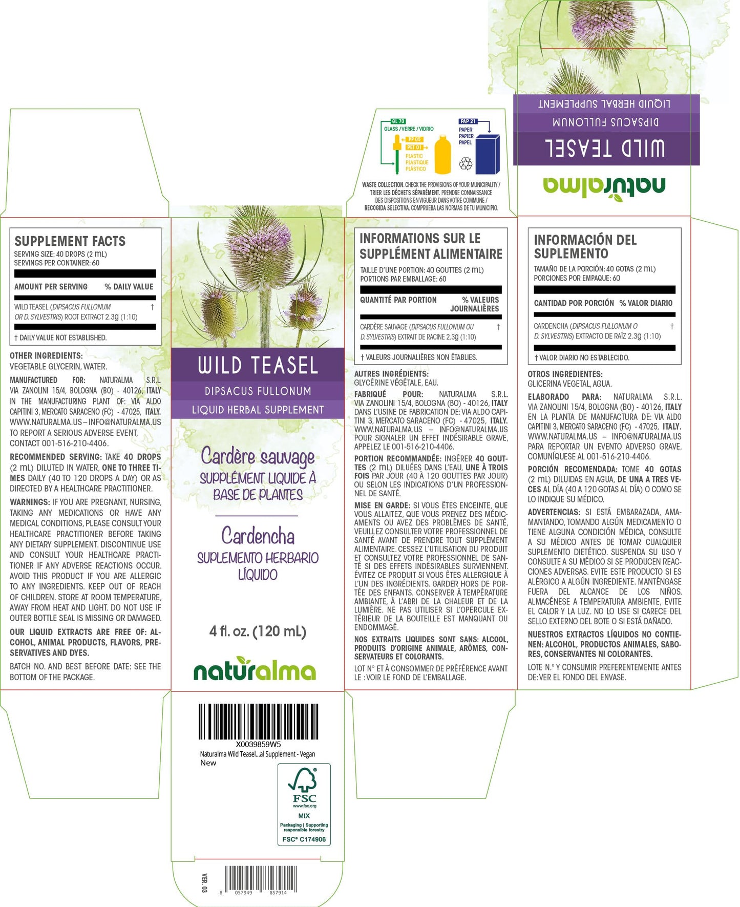 Naturalma Wild Teasel Root Tincture - Alcohol-Free 4 oz Drops | Vegan