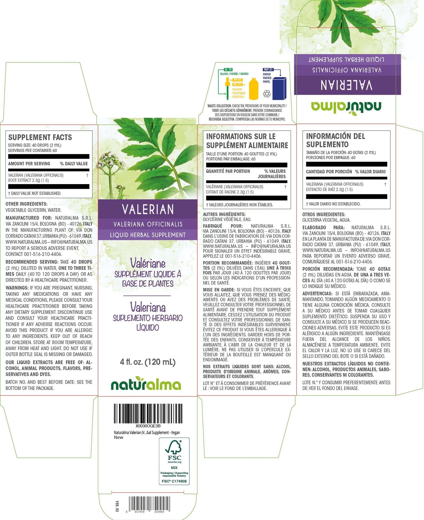Naturalma Valerian Root Tincture - Alcohol-Free 4 oz Drops | Vegan, Made in Italy