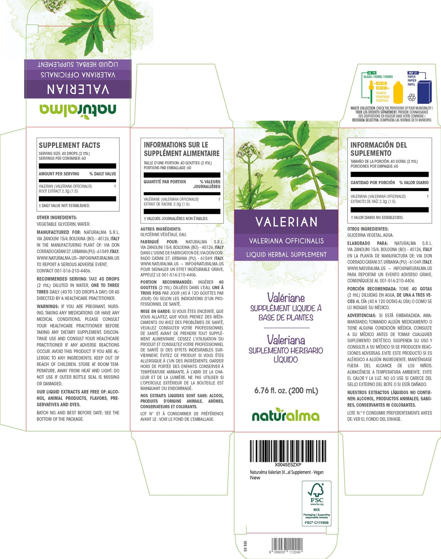 Naturalma Valerian Root Tincture 1:5 - Alcohol-Free Drops | 6.76 fl oz | Vegan