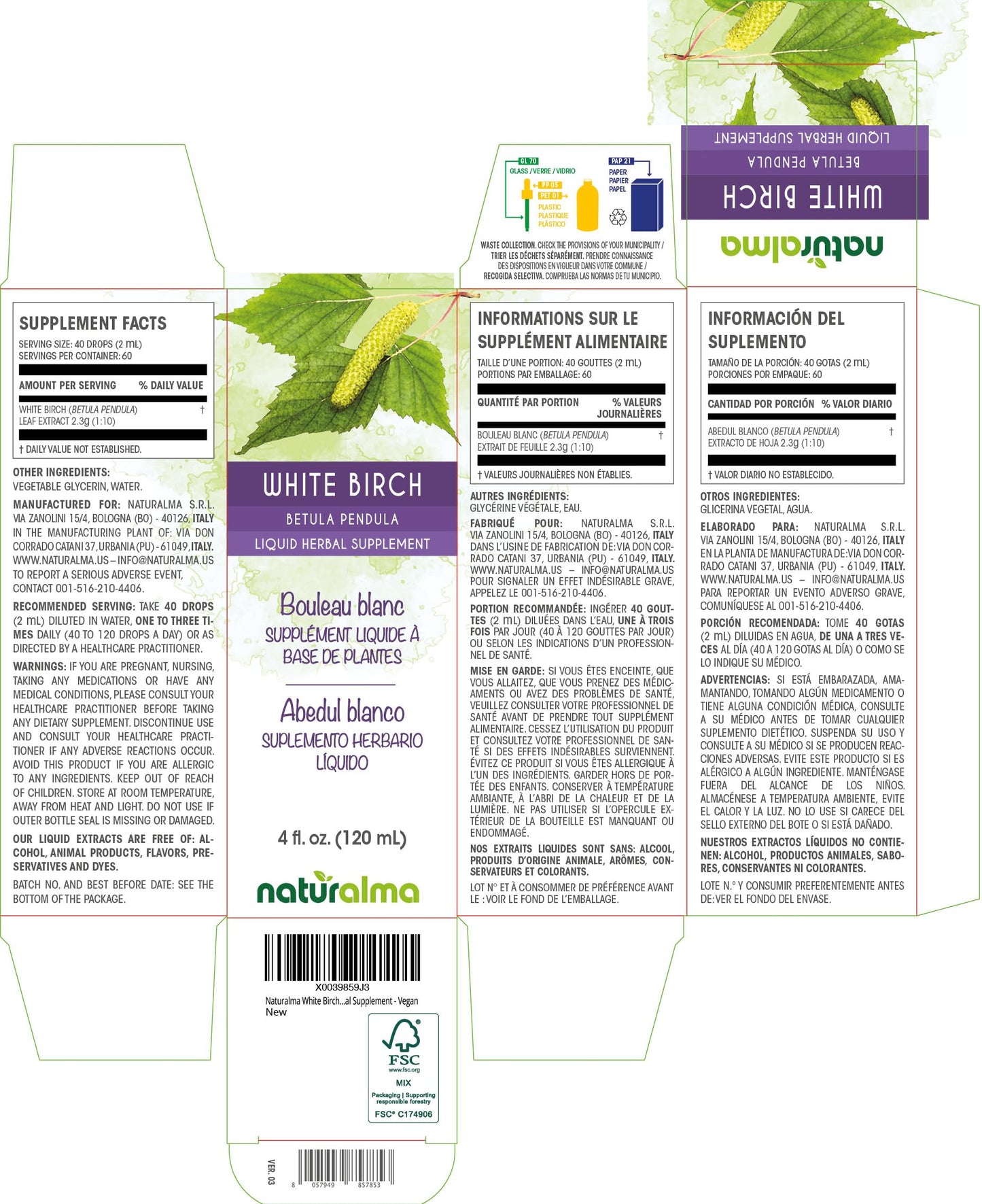 Naturalma White Birch Leaf Tincture – Alcohol-Free Drops, 4 fl oz | Vegan Herbal Supplement