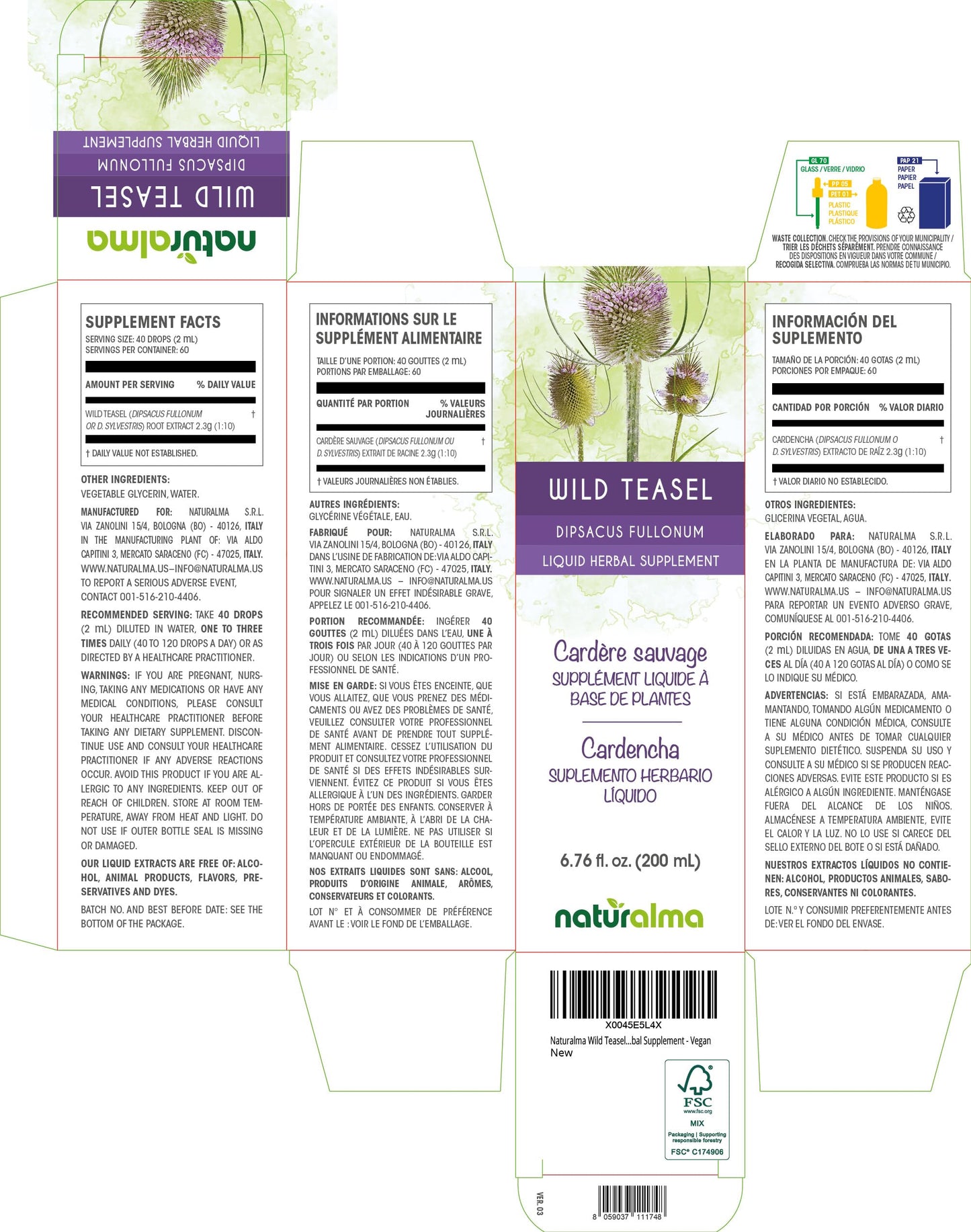 Naturalma Wild Teasel Root Tincture - Alcohol-Free (6.76 fl oz)