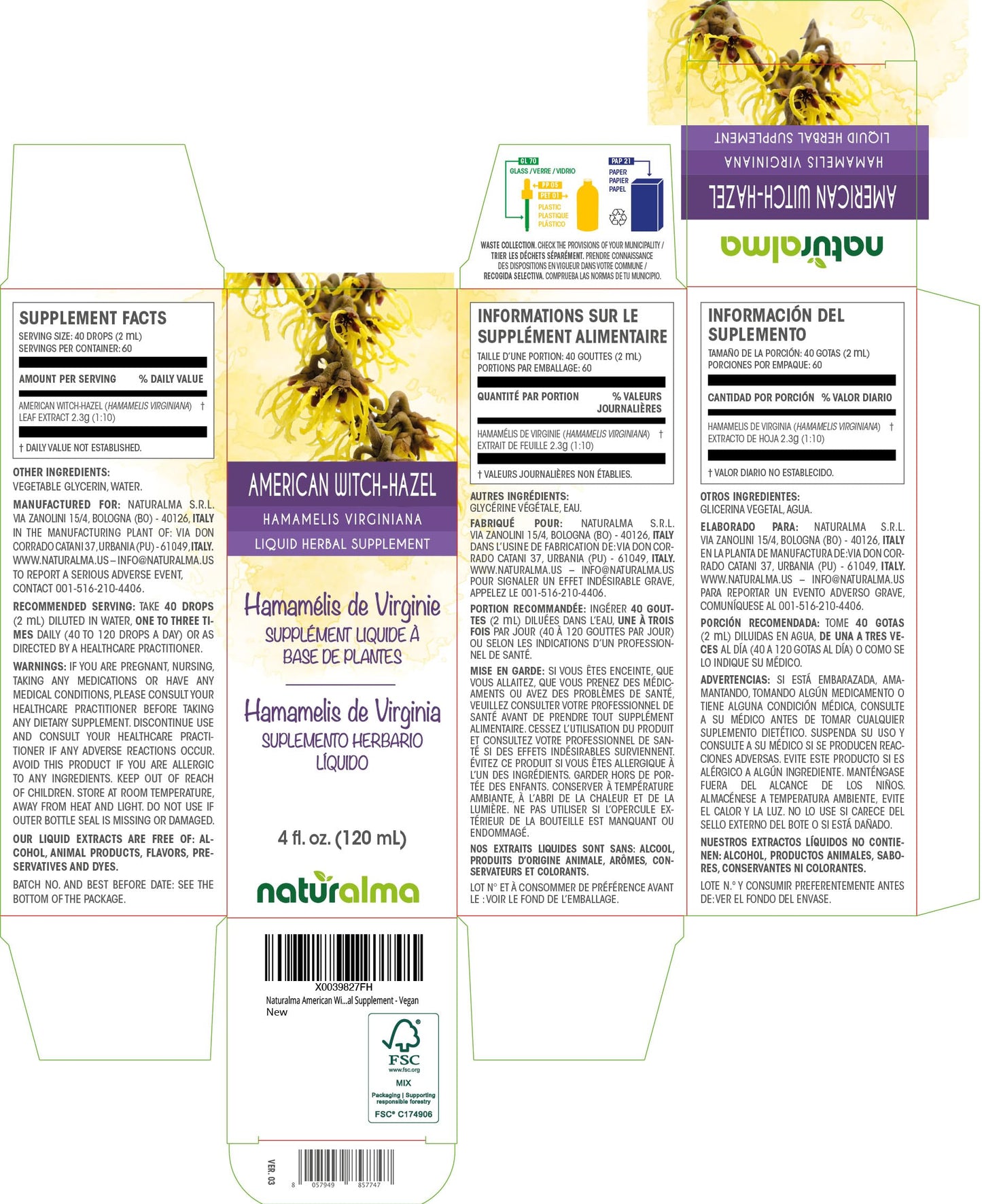 Naturalma Witch-Hazel Leaf Tincture 4 oz – Alcohol-Free, Vegan, Hamamelis virginiana