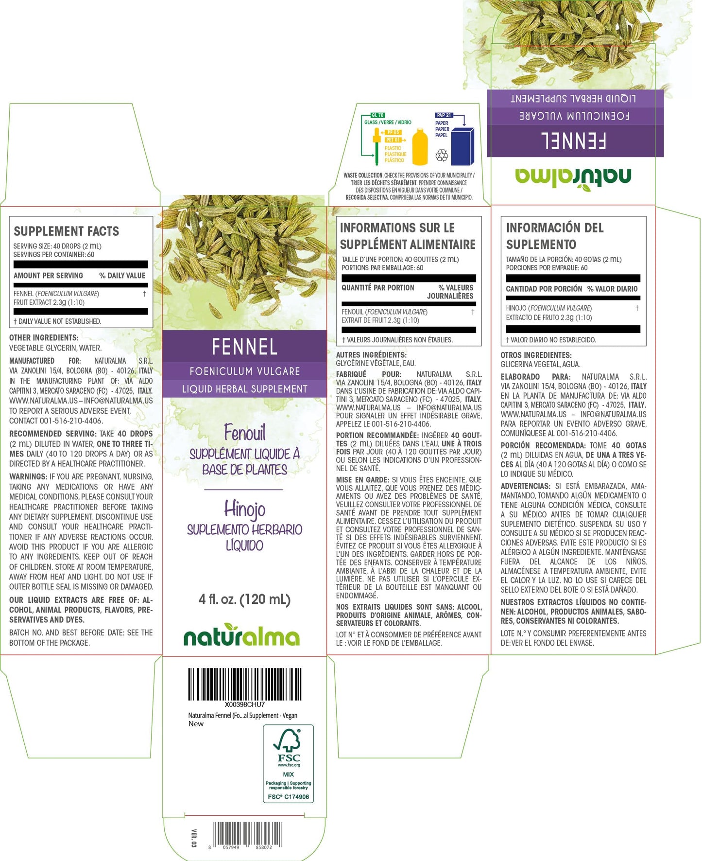 Naturalma Fennel Alcohol-Free Tincture (4 fl oz) - Vegan Herbal Drops