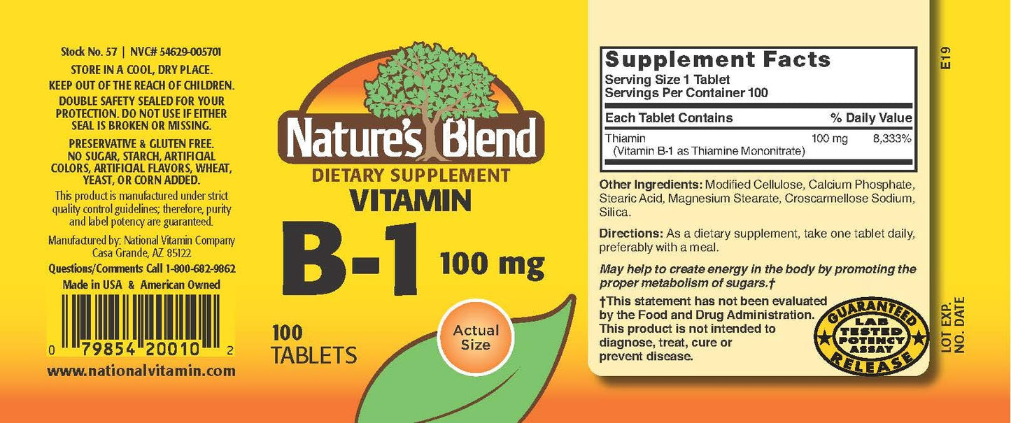 Nature's Blend Vitamin B-1 TB 100MG - 100 Tablets | Thiamine Supplement
