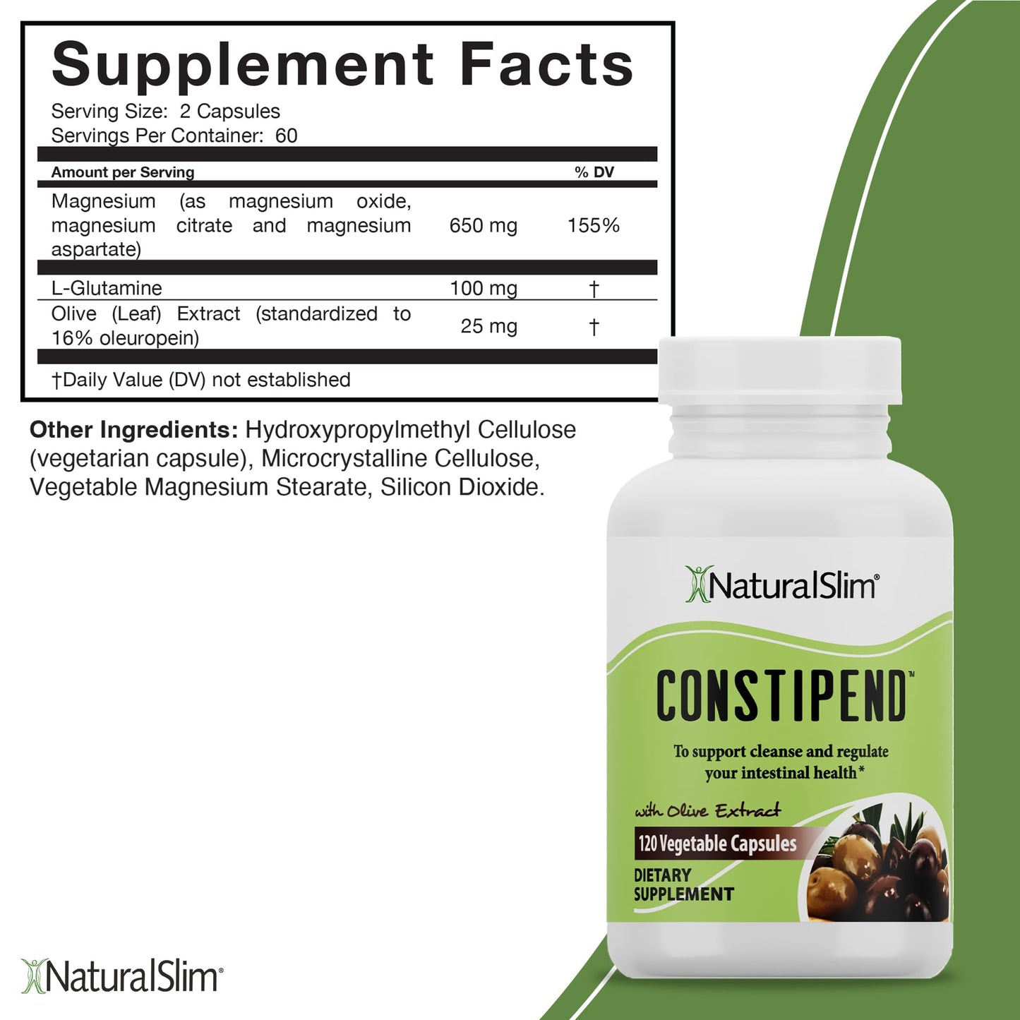 NaturalSlim Constipend — Gentle Stool Softener with Magnesium Citrate, Olive Leaf Extract, 120 Capsules