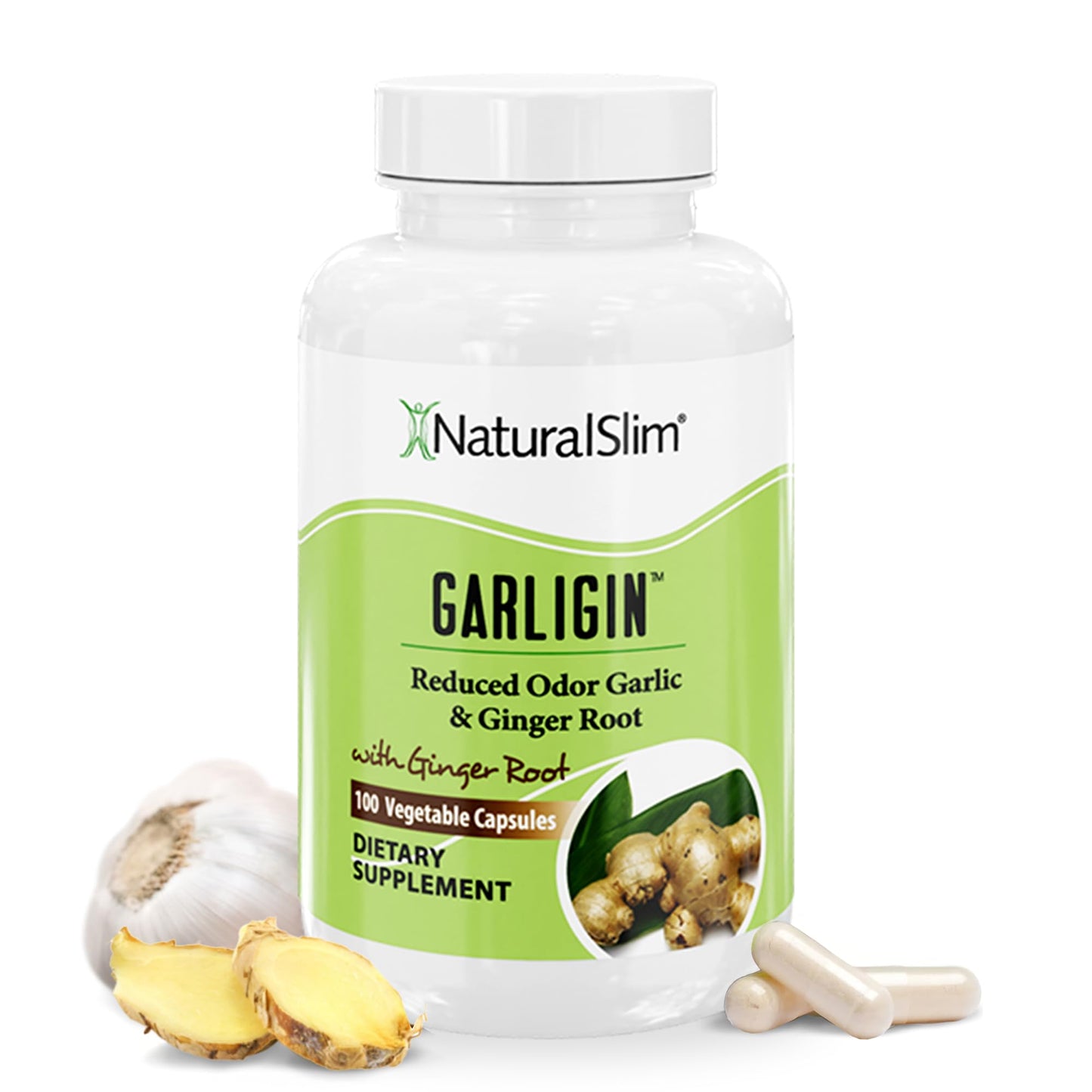 NaturalSlim Garligin Odorless Garlic with Ginger - Immune Support, Metabolism & Digestion - 100 Capsules