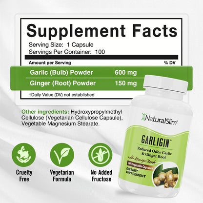 NaturalSlim Garligin Odorless Garlic with Ginger - Immune Support, Metabolism & Digestion - 100 Capsules