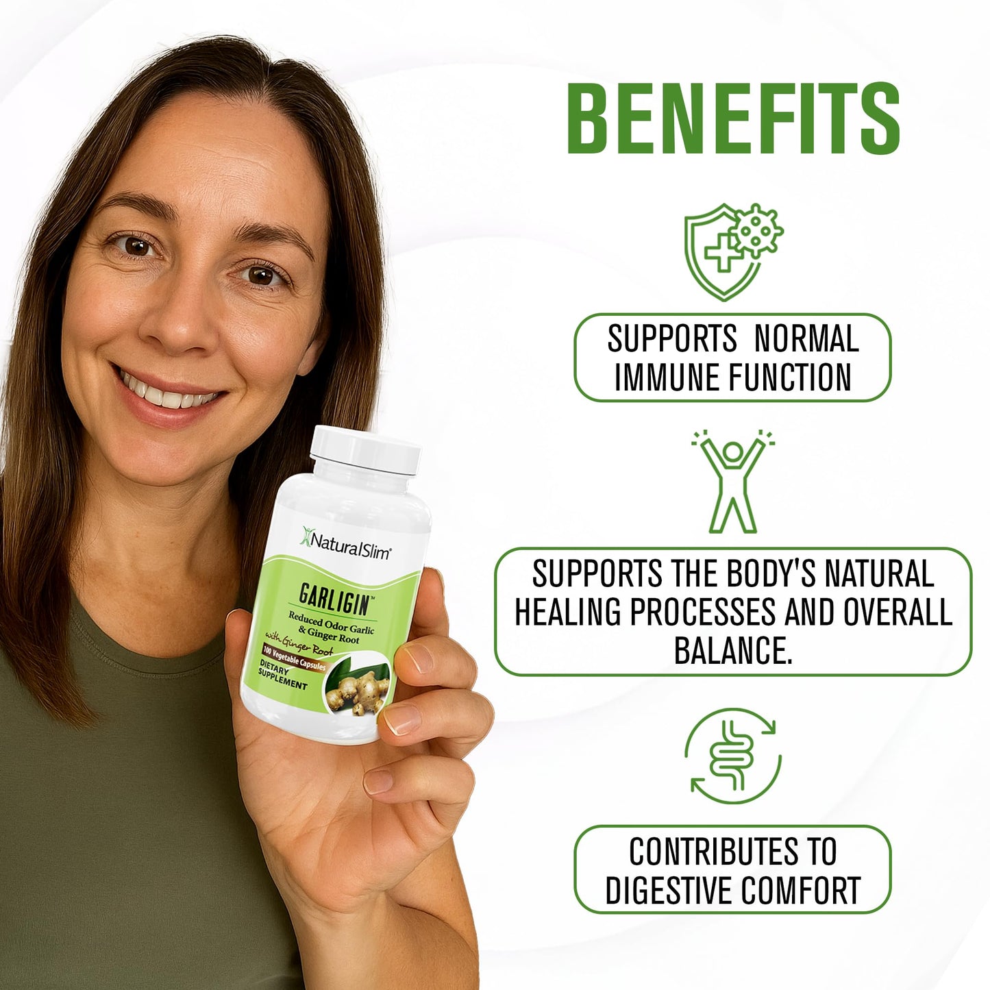 NaturalSlim Garligin Odorless Garlic with Ginger - Immune Support, Metabolism & Digestion - 100 Capsules