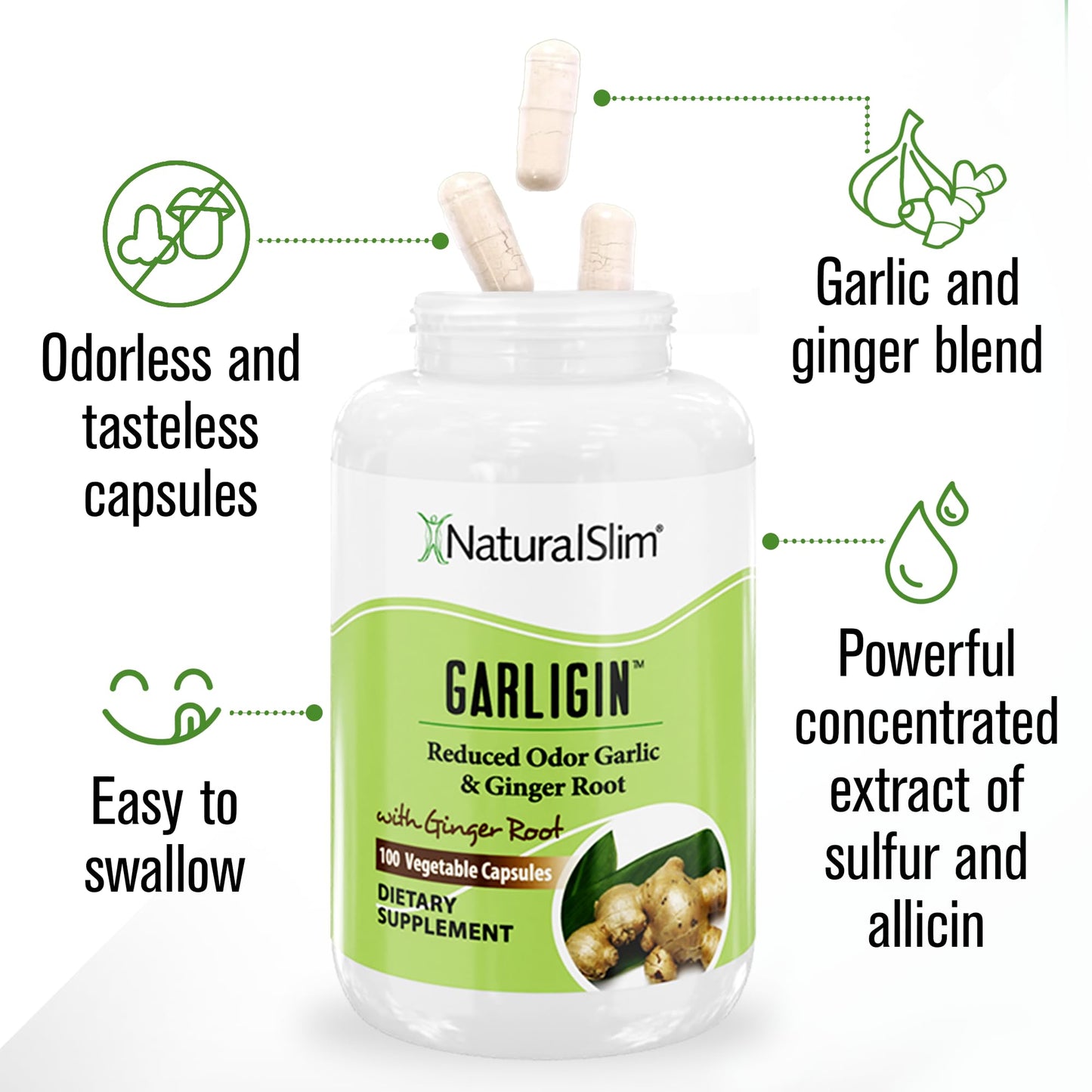NaturalSlim Garligin Odorless Garlic with Ginger - Immune Support, Metabolism & Digestion - 100 Capsules